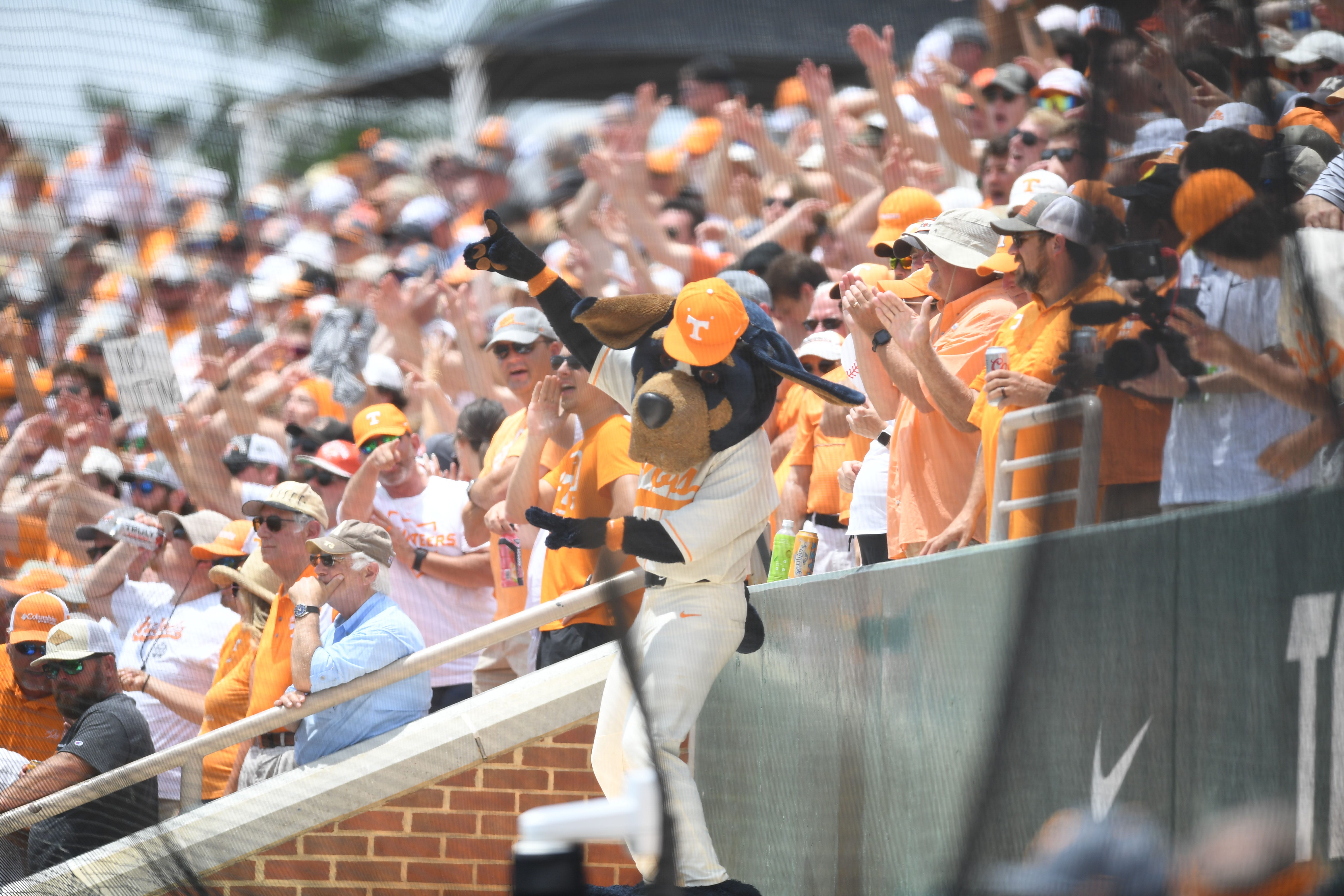 Tennessee's mascot Smokey celebrates with the crowd during the NCAA Knoxville Super Regionals between Tennessee and Notre Dame at Lindsey Nelson Stadium in Knoxville, Tennessee on Sunday, June 12, 2022.