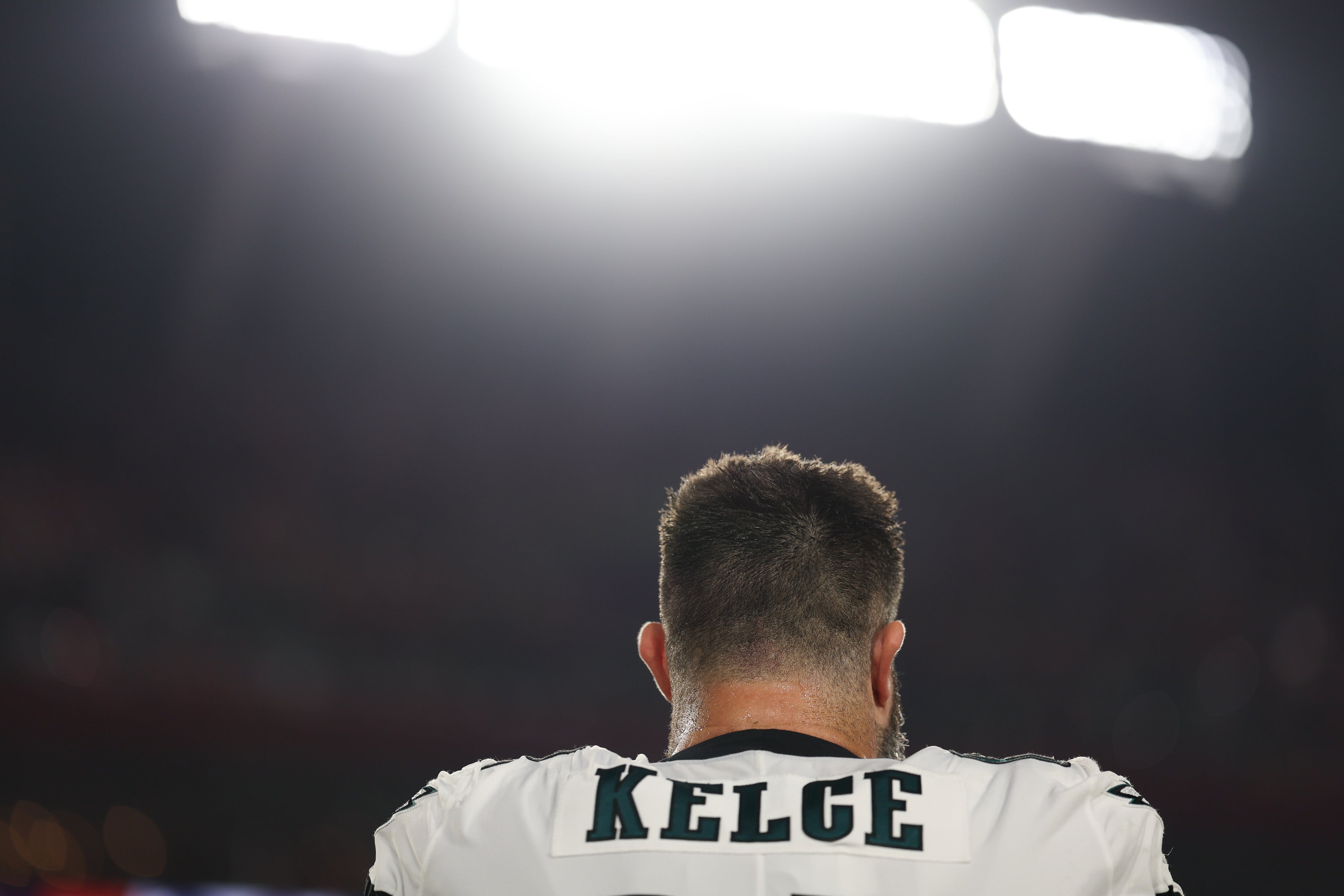 Jan 15, 2024; Tampa, Florida, USA; Philadelphia Eagles center Jason Kelce (62) stands on the field during a 2024 NFC wild card game against the Tampa Bay Buccaneers at Raymond James Stadium.