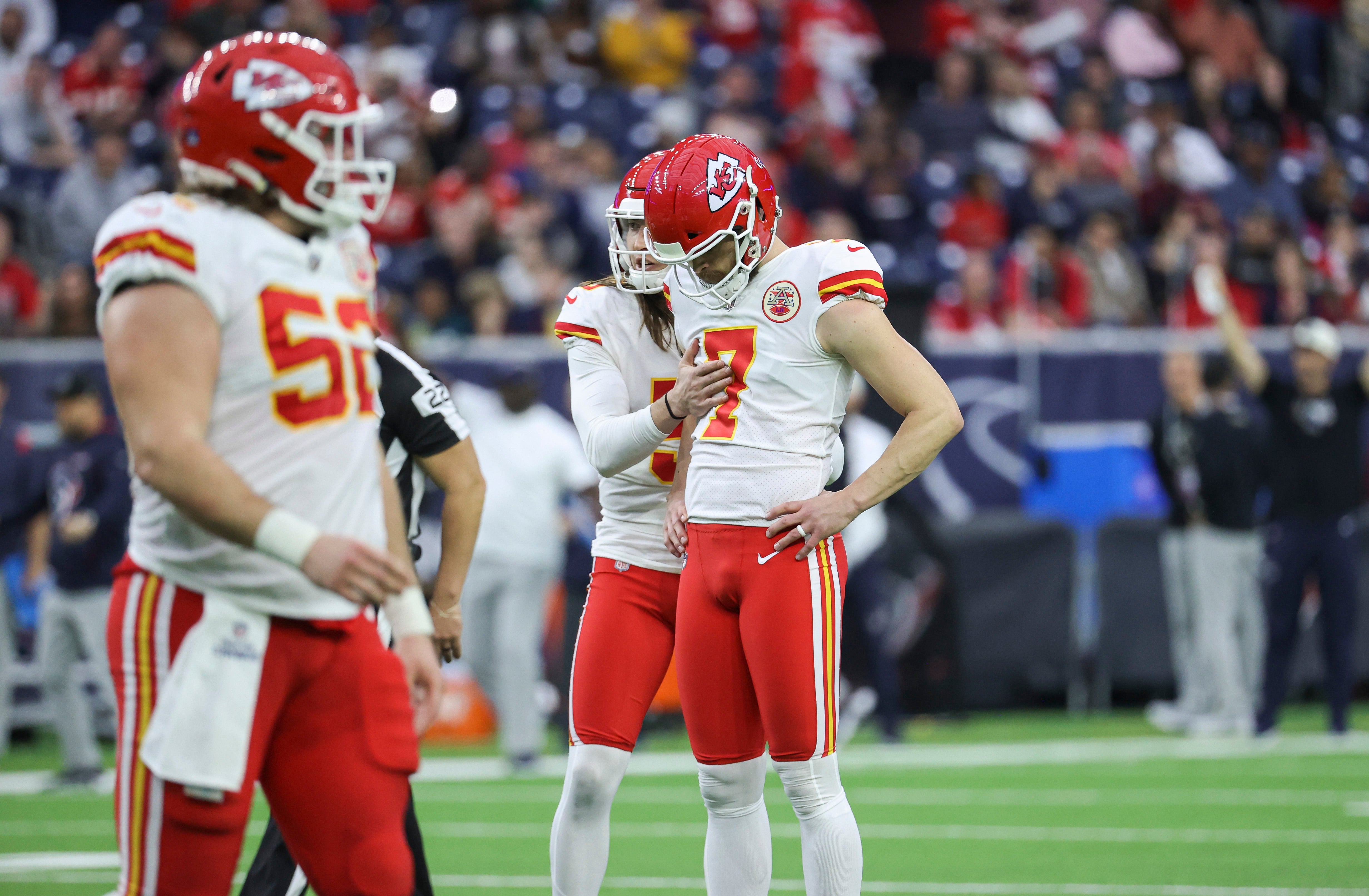 Dec 18, 2022; Houston, Texas, USA; Kansas City Chiefs place kicker Harrison Butker (7) reacts after missing a field goal during the fourth quarter against the Houston Texans at NRG Stadium.