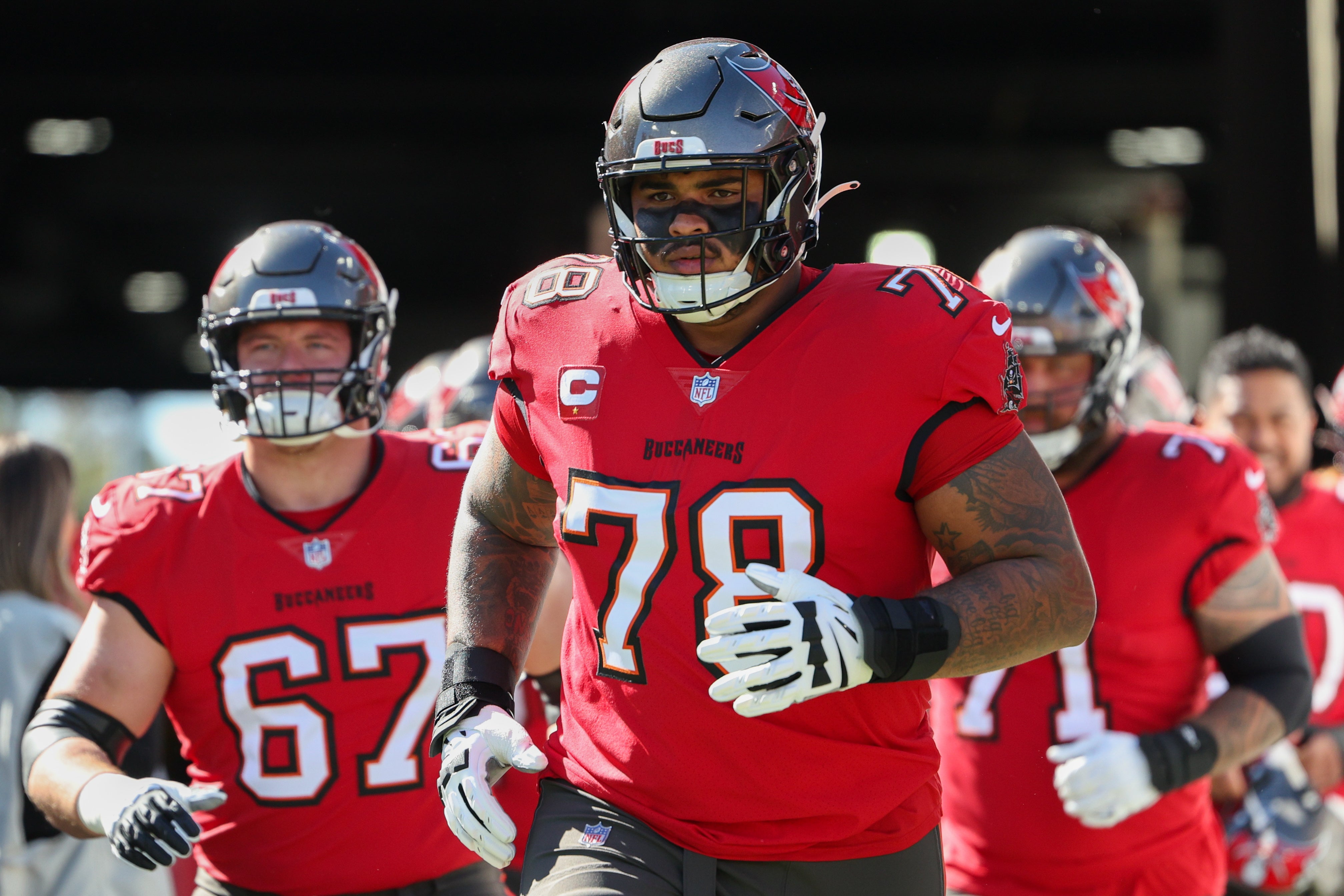 Dec 31, 2023; Tampa, Florida, USA; Tampa Bay Buccaneers offensive tackle Tristan Wirfs (78) warms up before a game against the New Orleans Saints at Raymond James Stadium.