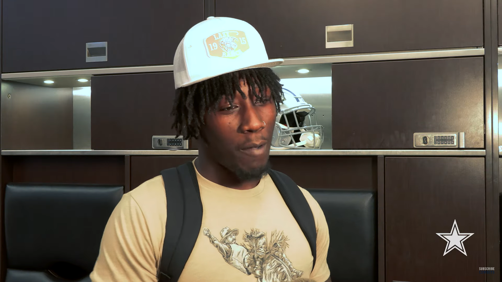 Dallas Cowboys LB DeMarvion Overshown talks to reporters during OTAs.