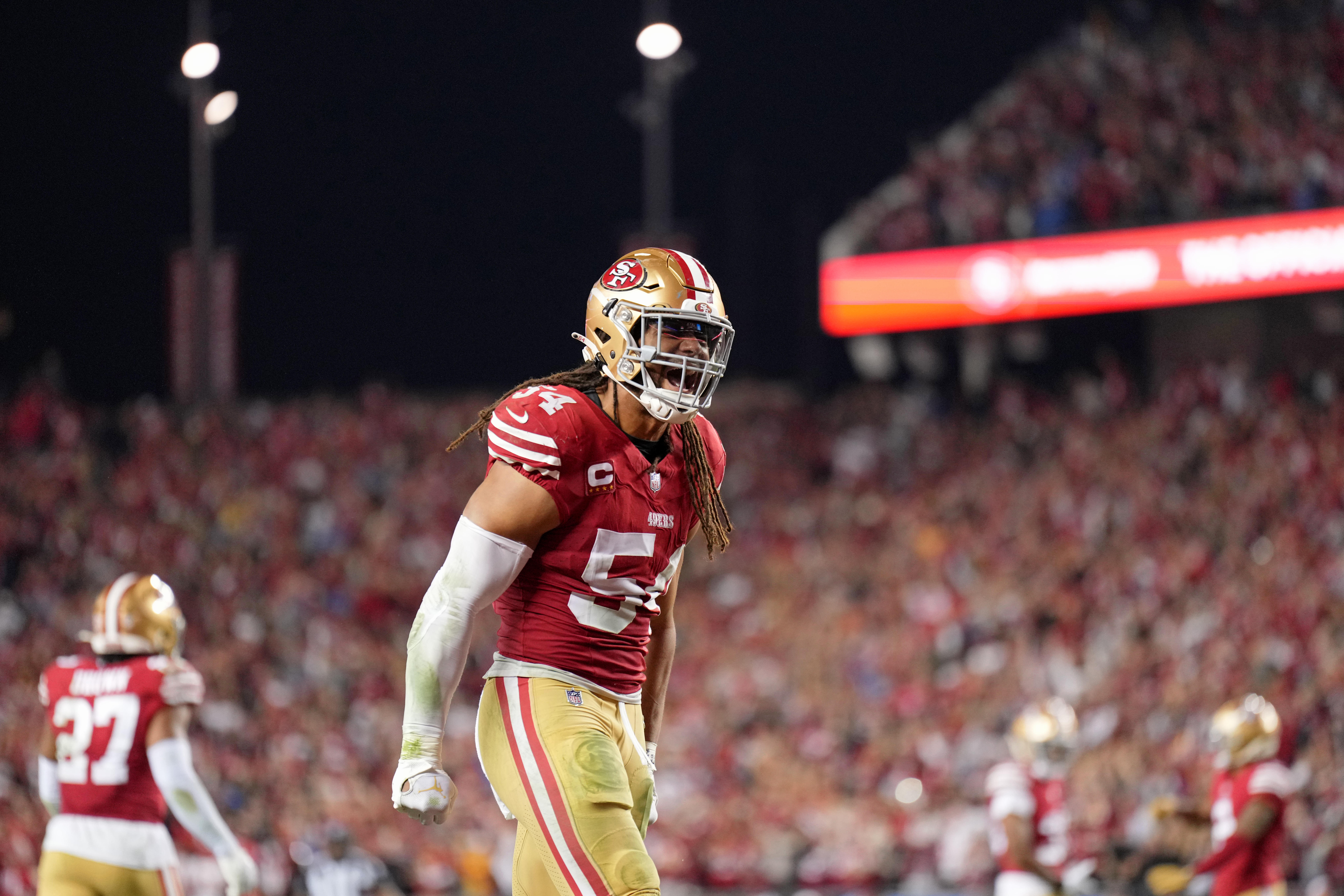Jan 28, 2024; Santa Clara, California, USA; San Francisco 49ers linebacker Fred Warner (54) reacts after a play against the Detroit Lions during the second half of the NFC Championship football game at Levi's Stadium.