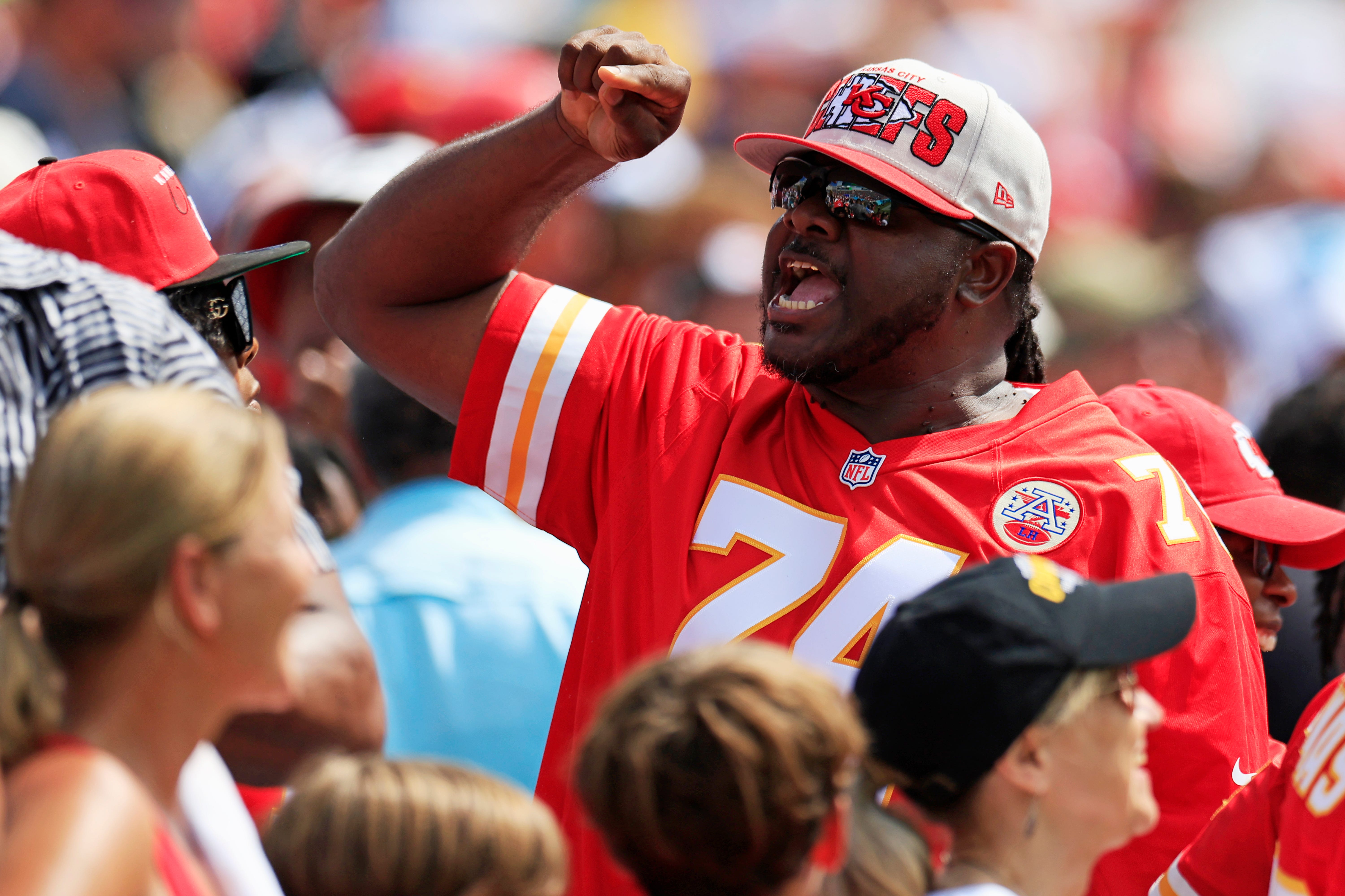 A Kansas City Chiefs fan reacts after a score during the second quarter of a NFL football game Sunday, Sept. 17, 2023 at EverBank Stadium in Jacksonville, Fla. The Kansas City Chiefs defeated the Jacksonville Jaguars 17-9.