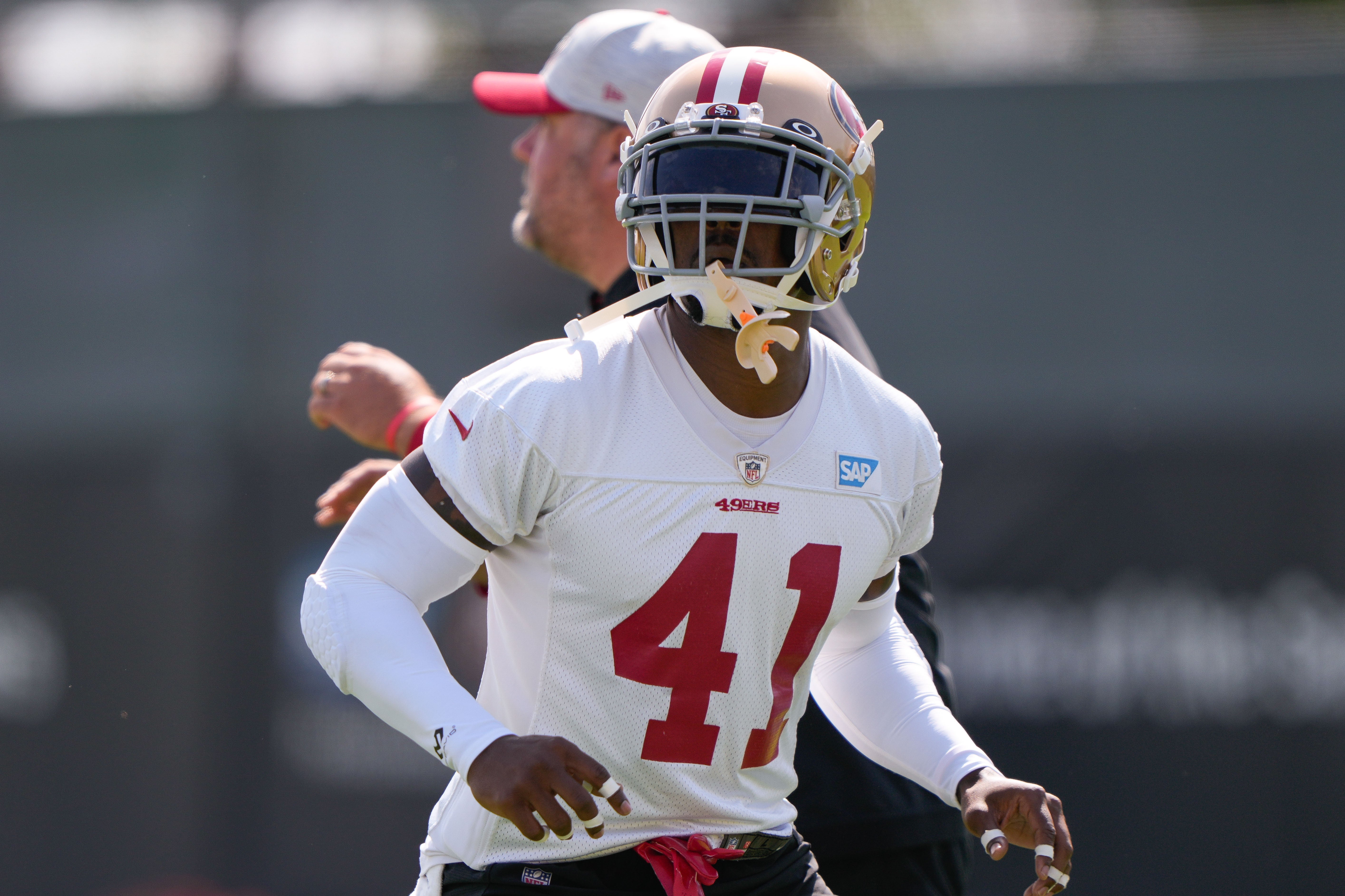 Jul 28, 2021; Santa Clara, CA, USA; San Francisco 49ers strong safety Tony Jefferson (41) warms up before training camp at the SAP Performance Facility.