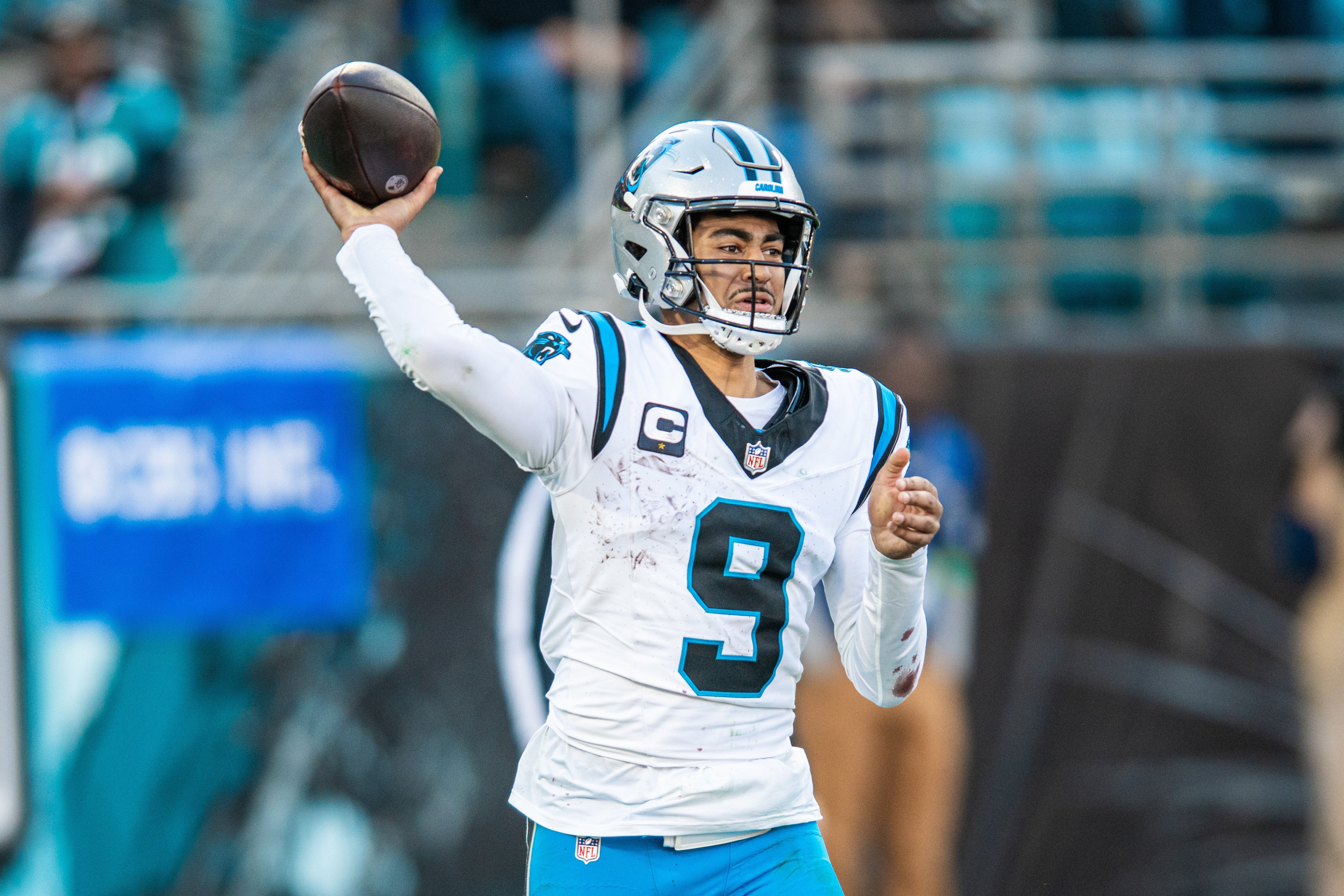 Dec 31, 2023; Jacksonville, Florida, USA; Carolina Panthers quarterback Bryce Young (9) throws the ball against the Jacksonville Jaguars in the fourth quarter at EverBank Stadium. Mandatory Credit: Jeremy Reper-USA TODAY Sports