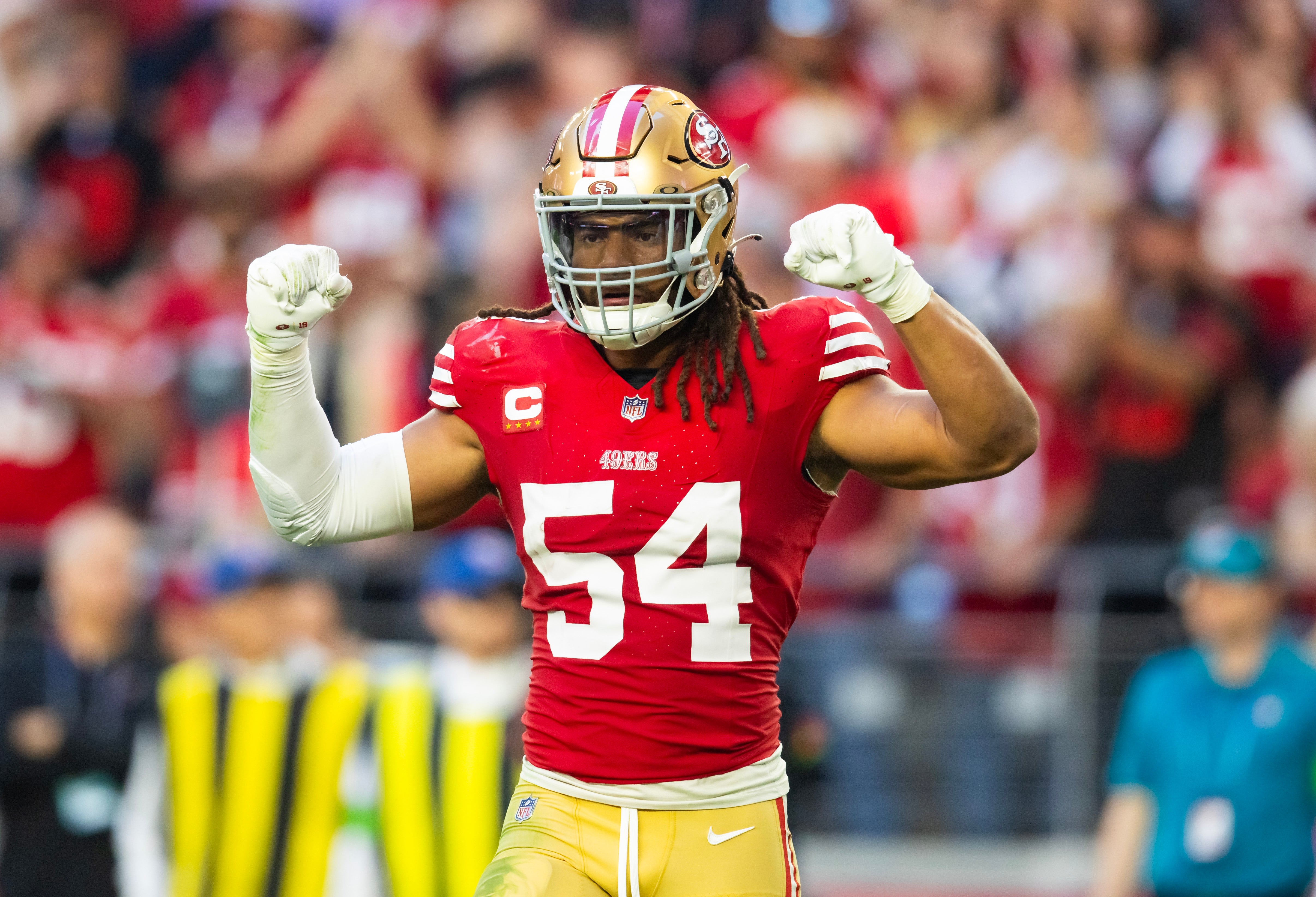 Dec 17, 2023; Glendale, Arizona, USA; San Francisco 49ers linebacker Fred Warner (54) celebrates a play against the Arizona Cardinals at State Farm Stadium.