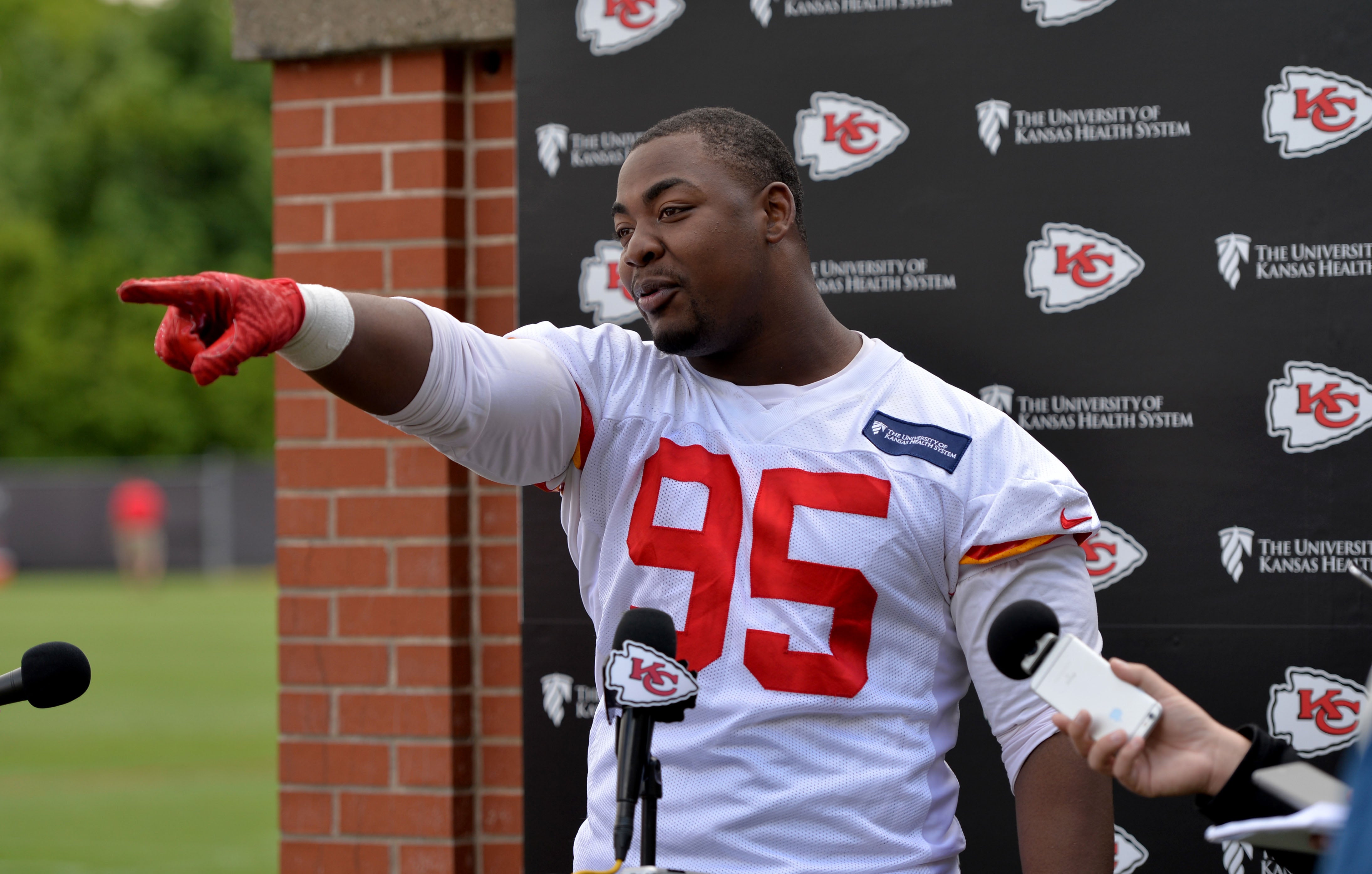 May 23, 2017; Kansas City, MO, USA; Kansas City Chiefs defensive end Chris Jones (95) speaks to the media after the organized team activities at the University of Kansas Hospital Training Complex.