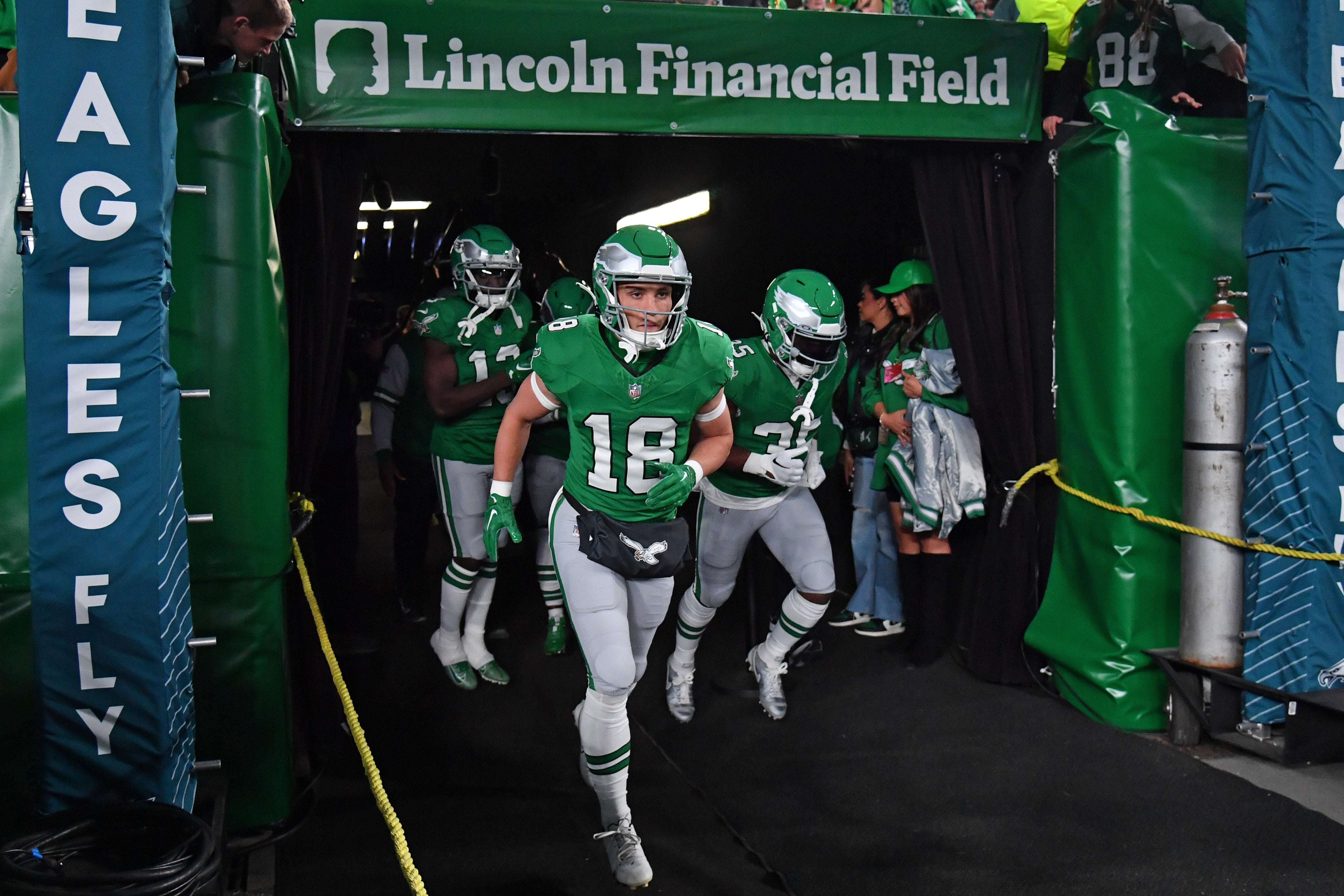 Philadelphia Eagles wide receiver Britain Covey (18) runs onto the field for warmups against the Miami Dolphins at Lincoln Financial Field.