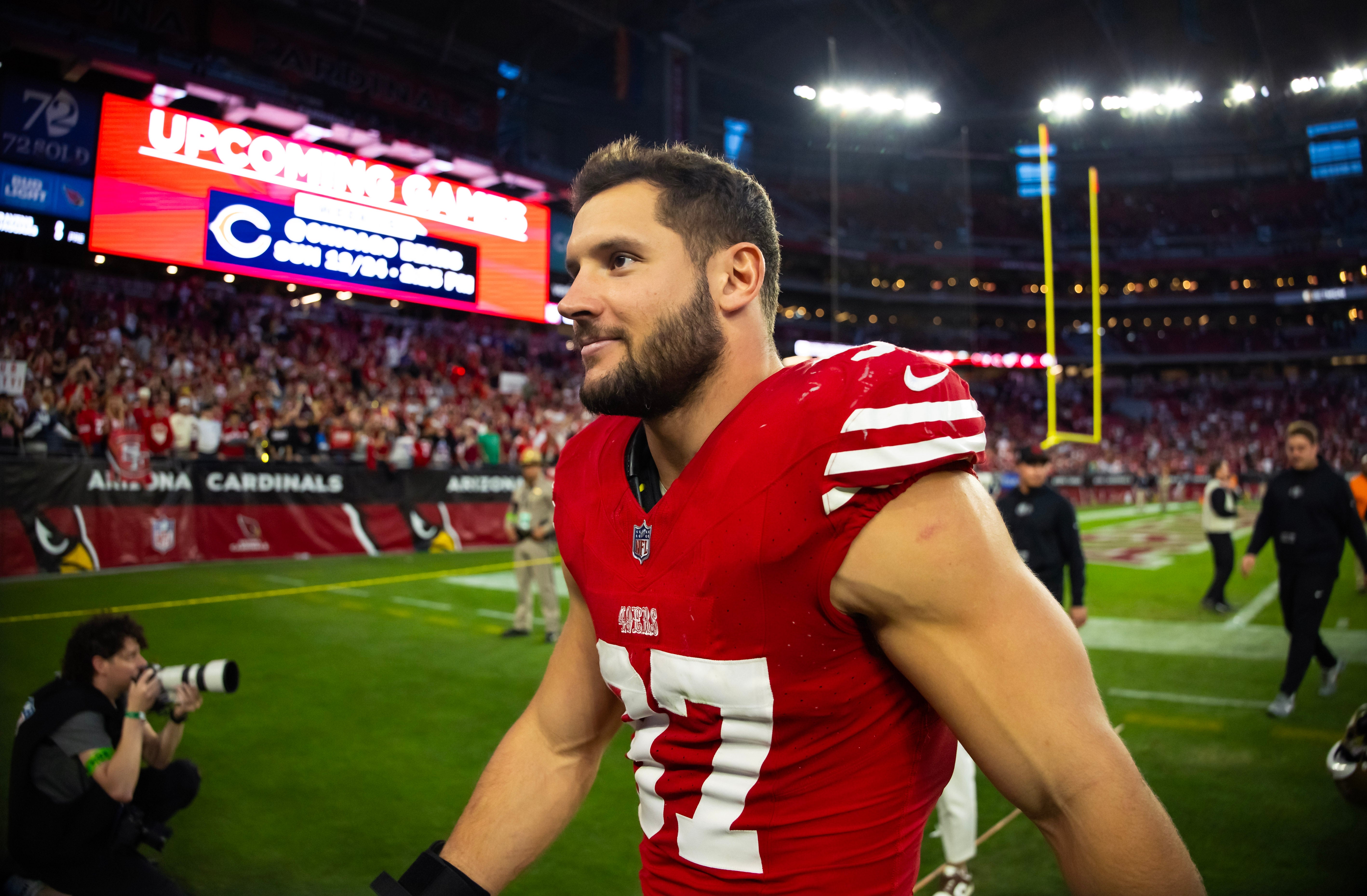 Dec 17, 2023; Glendale, Arizona, USA; San Francisco 49ers defensive end Nick Bosa (97) against the Arizona Cardinals at State Farm Stadium.