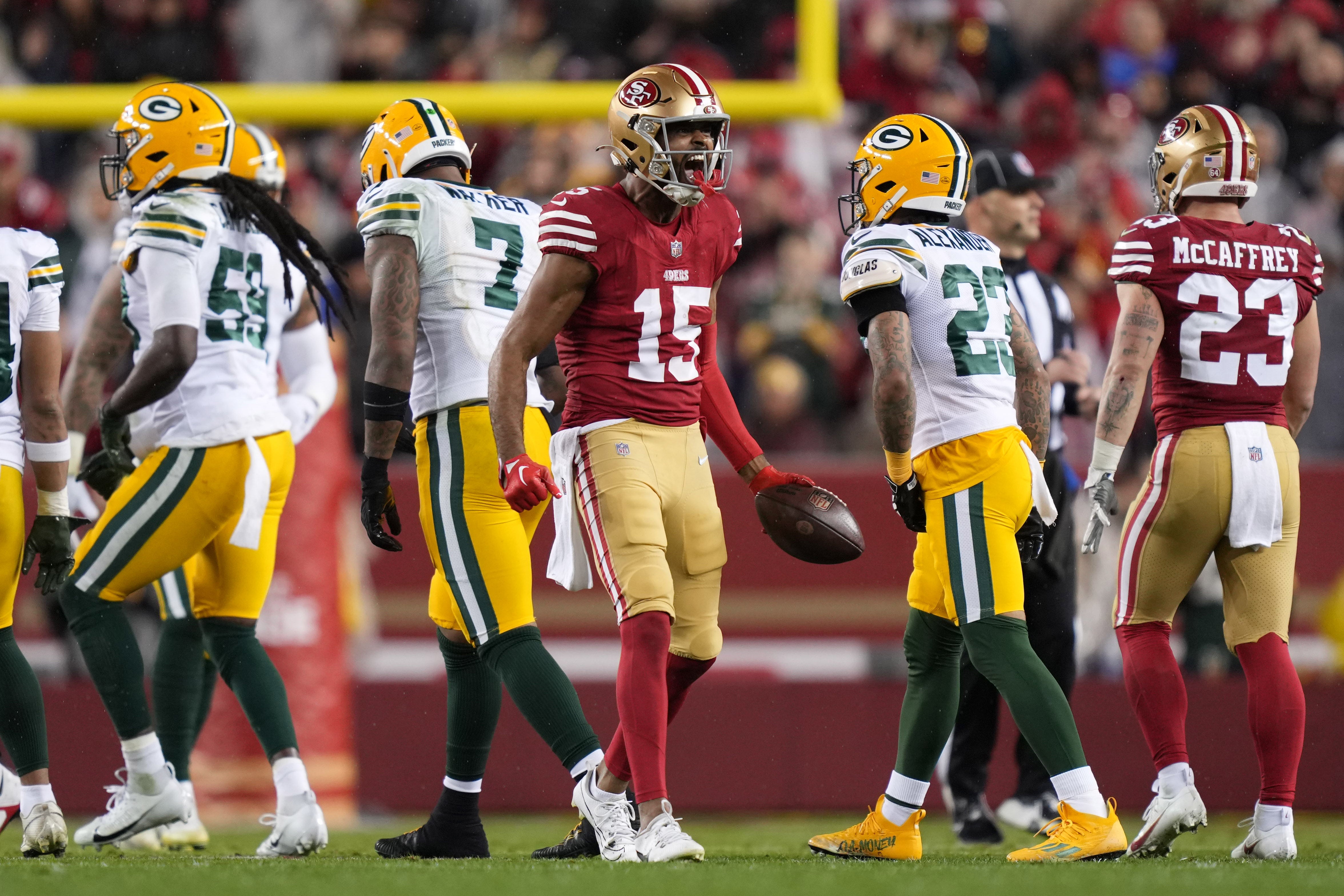 January 20, 2024; Santa Clara, CA, USA; San Francisco 49ers wide receiver Jauan Jennings (15) reacts after a play against the Green Bay Packers during the second quarter in a 2024 NFC divisional round game at Levi's Stadium.