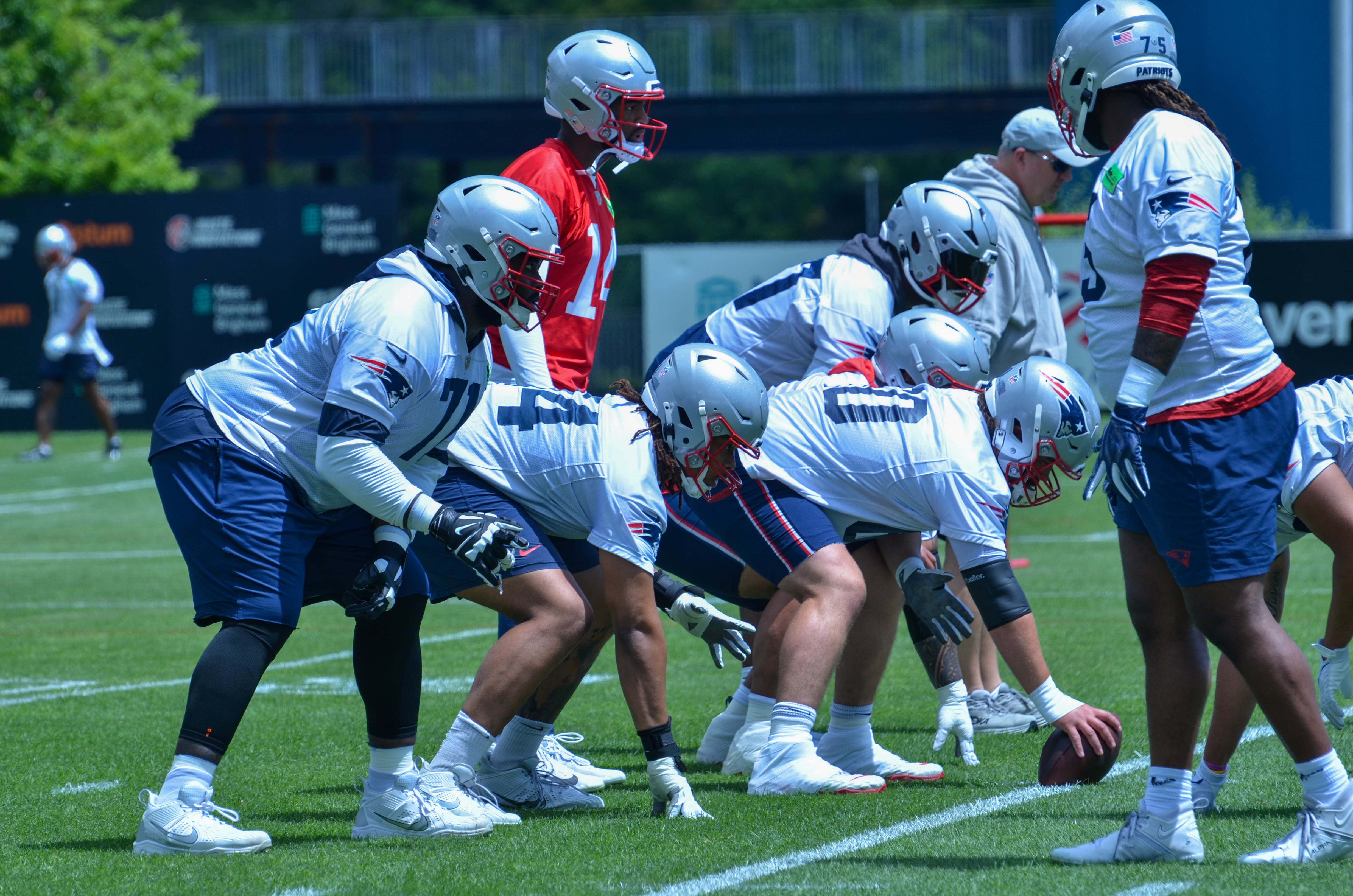 Patriots QB Jacoby Brissett and the offensive line at OTAs - May 29, 2024