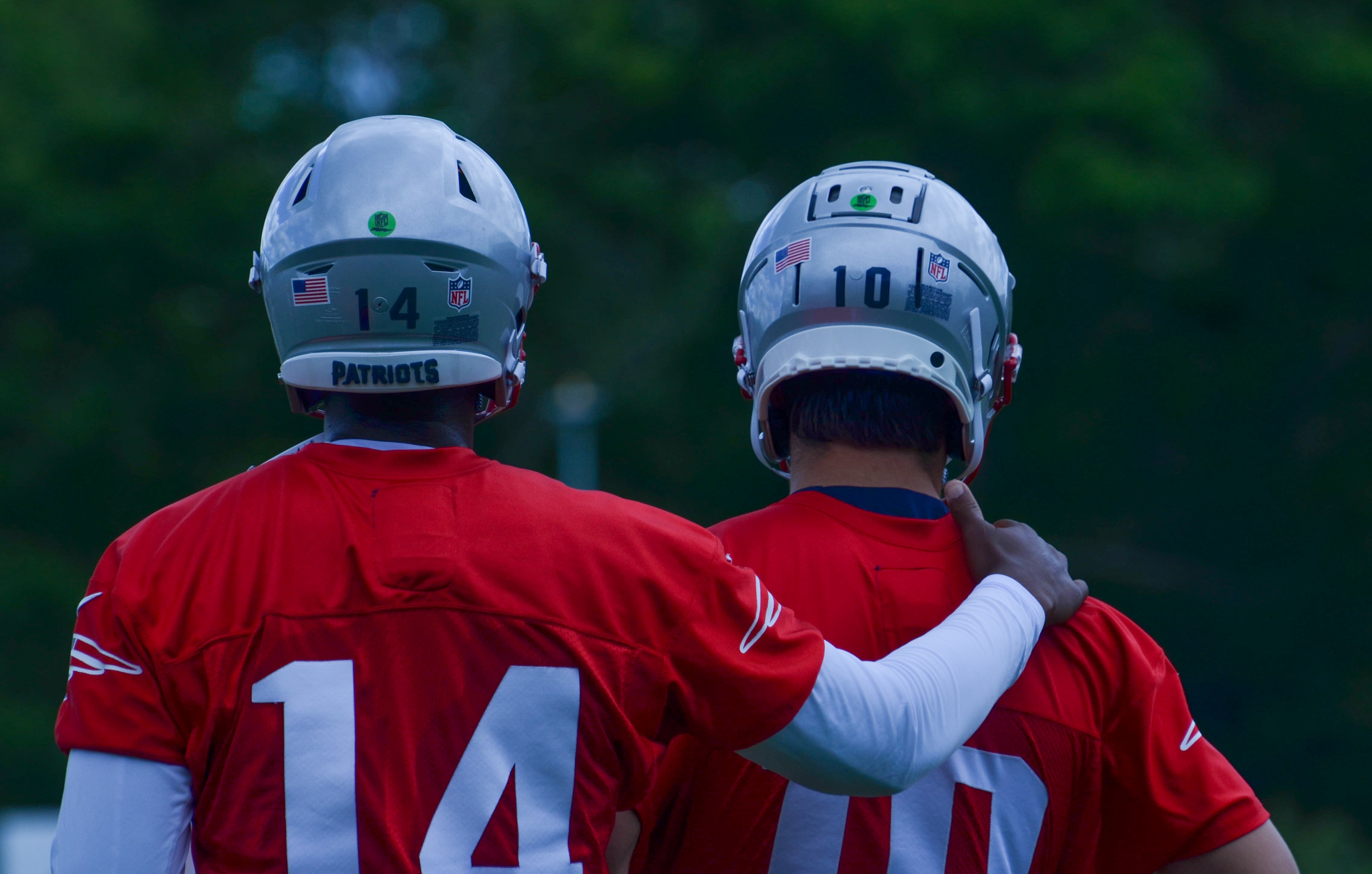 Patriots QBs Jacoby Brissett and Drake Maye at OTAs - May 29, 2024