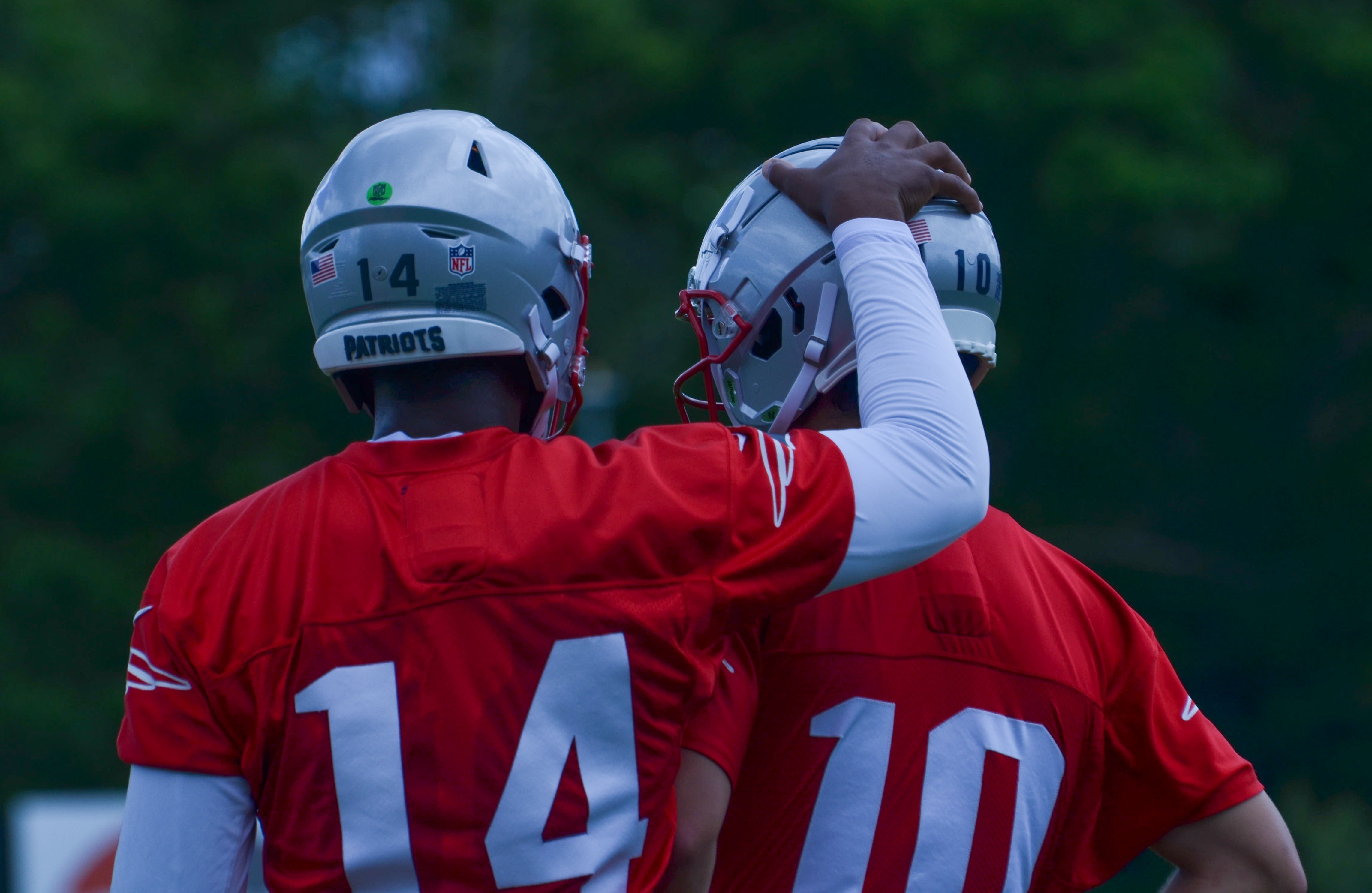 Patriots QBs Jacoby Brissett and Drake Maye at OTAs - May 29, 2024