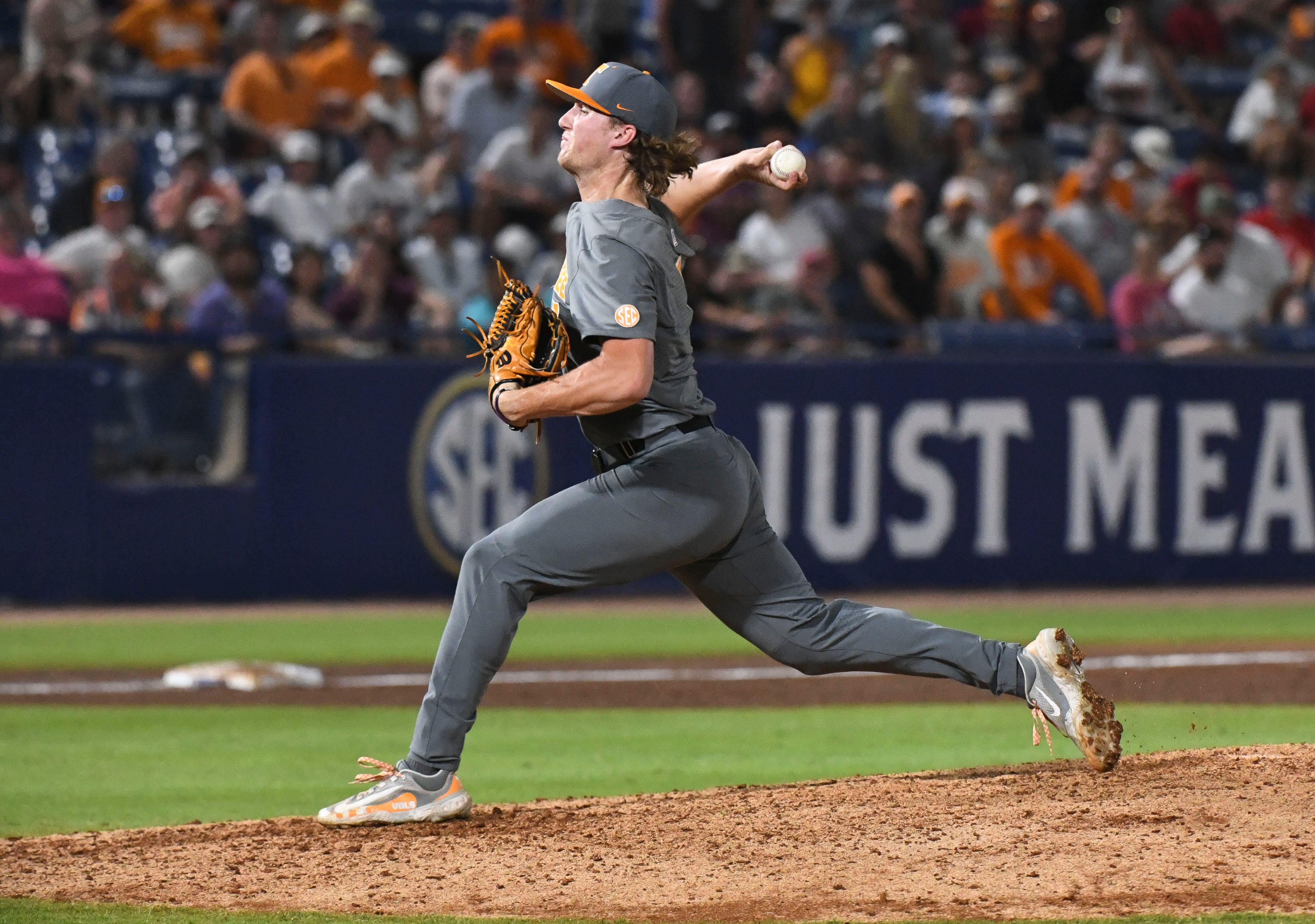 May 24 2024; Hoover, AL, USA; Tennessee closer Nate Snead pitches the final two outs in the game with Mississippi State at the Hoover Met during the SEC Tournament. Tennessee held on to win 6-5.