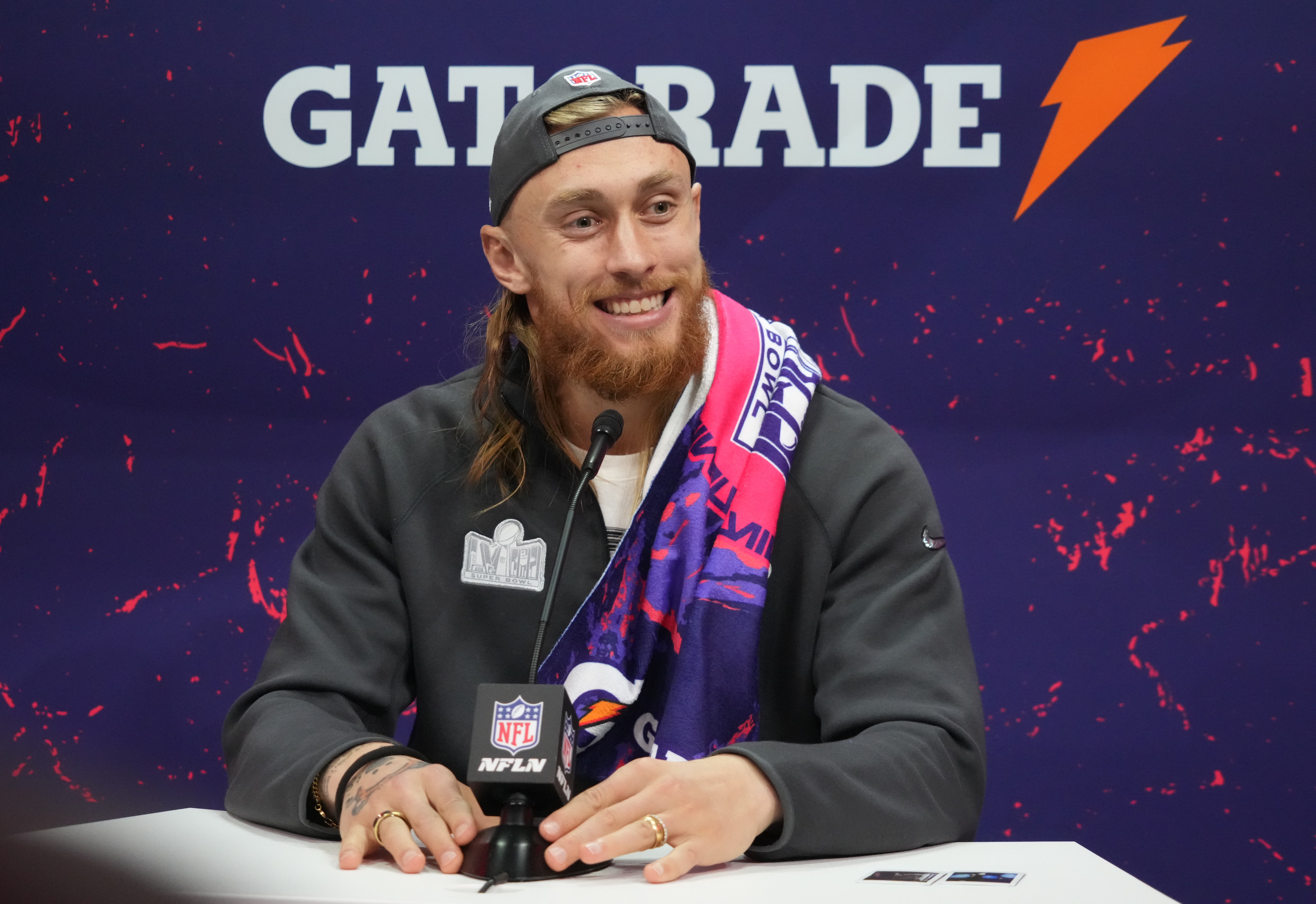 Feb 5, 2024; Las Vegas, NV, USA; San Francisco 49ers tight end George Kittle (85) during Super Bowl LVIII Opening Night at Allegiant Stadium.