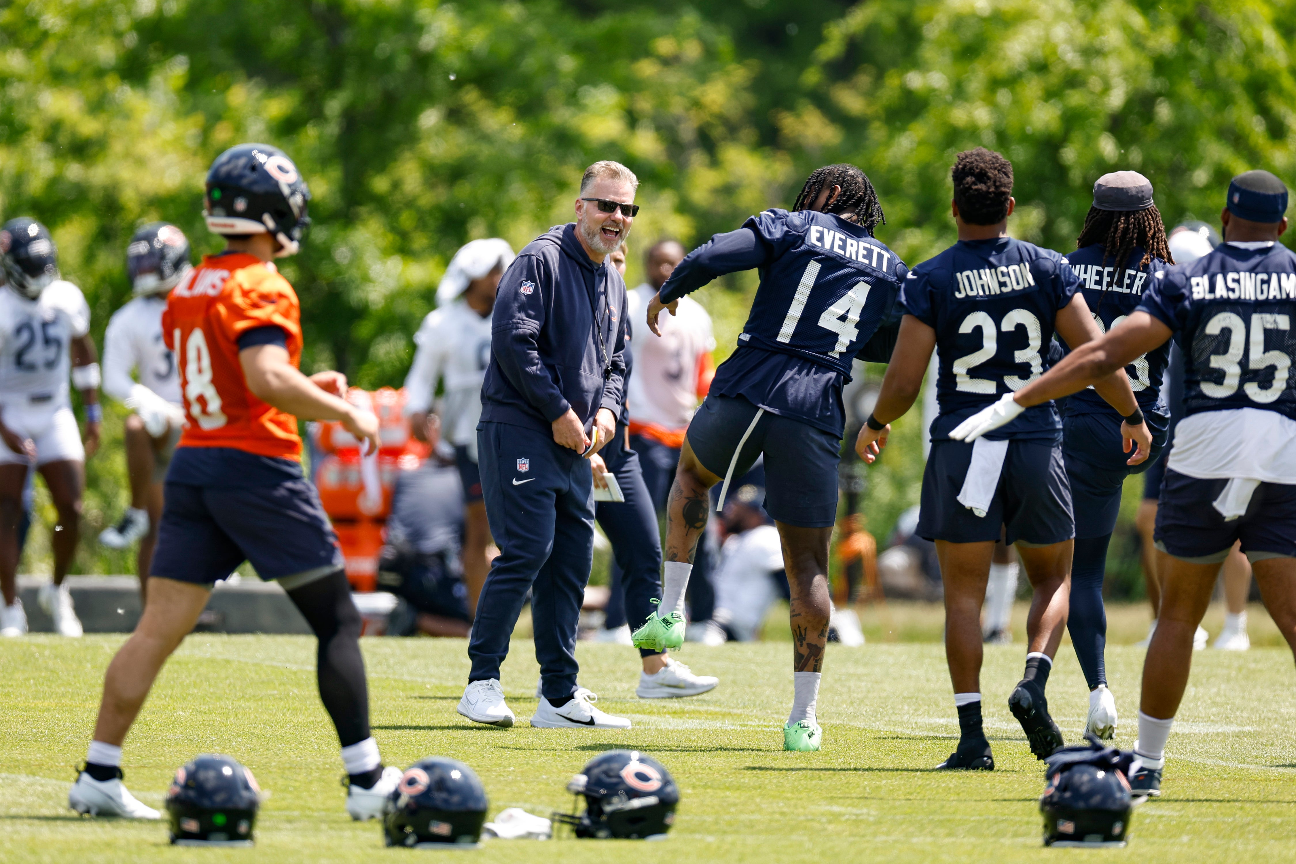 May 23, 2024; Lake Forest, IL, USA; Chicago Bears head coach Matt Eberflus smiles during organized team activities at Halas Hall.