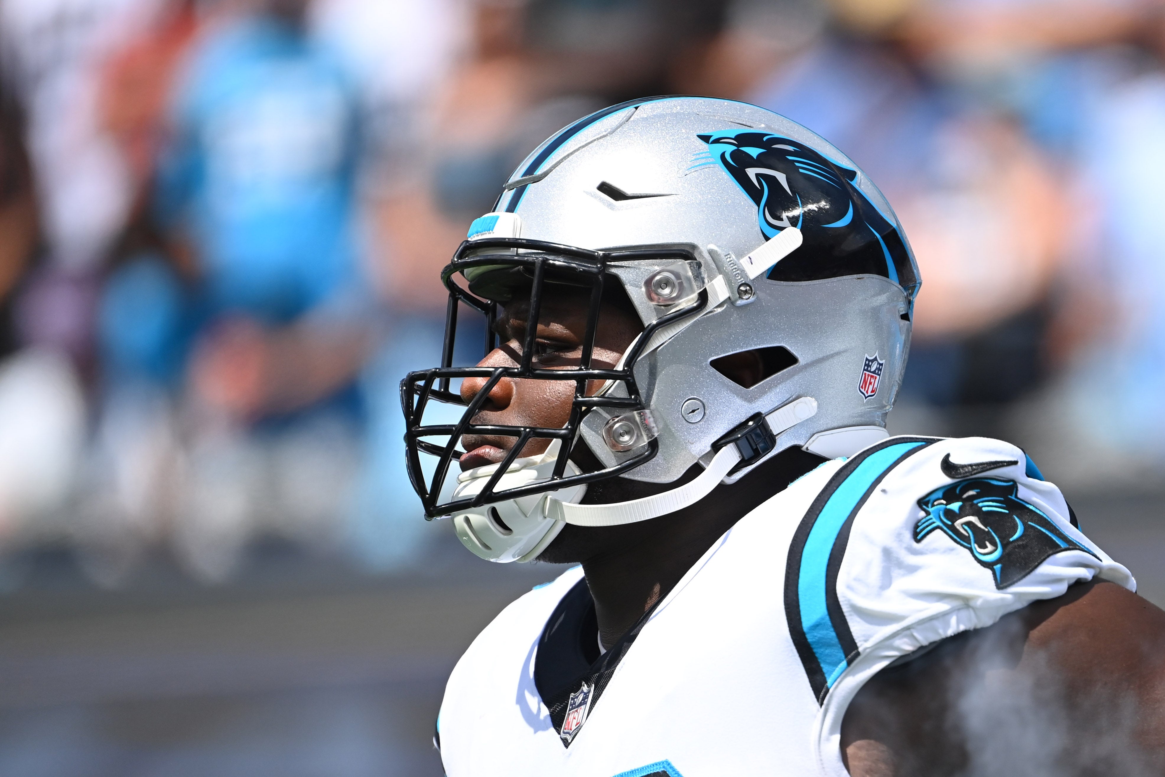 Sep 11, 2022; Charlotte, North Carolina, USA; Carolina Panthers offensive tackle Ikem Ekwonu (79) is introduced before the game at Bank of America Stadium. Mandatory Credit: Bob Donnan-USA TODAY Sports