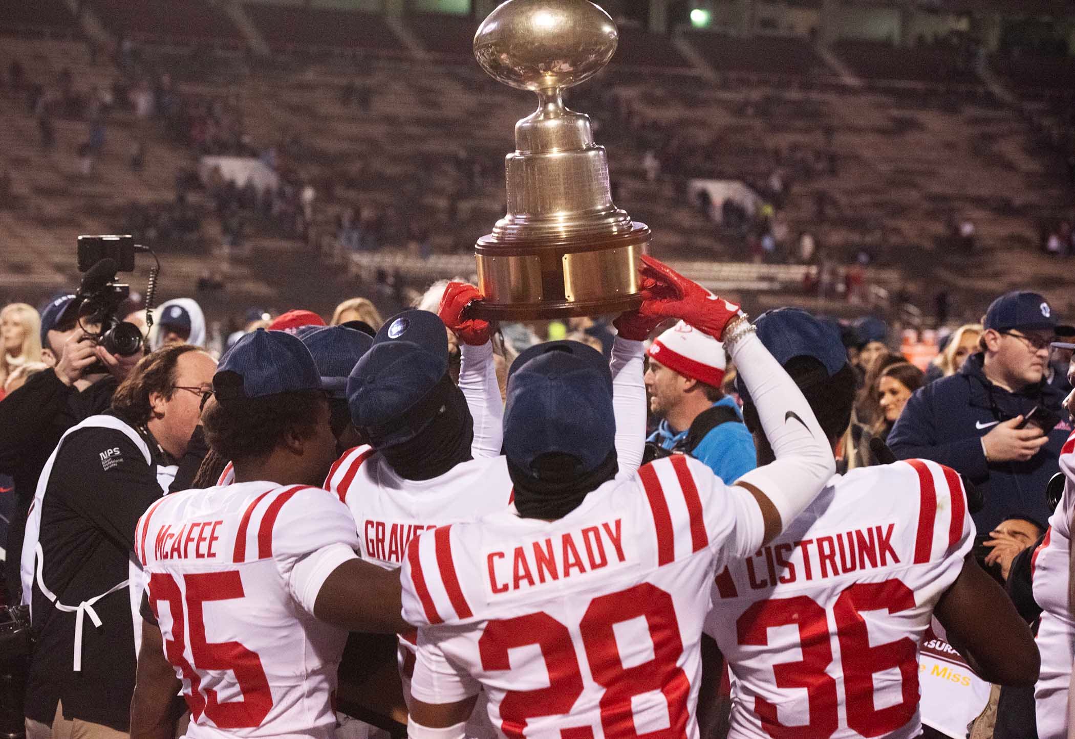 Ole Miss celebrates its Egg Bowl win over Mississippi State at Davis Wade Stadium in Starkville, Miss., Thursday, Nov. 23, 2023. Ole miss won 17-7.