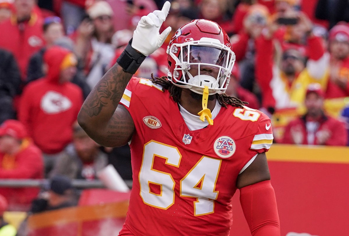 Chiefs offensive tackle Wanya Morris is introduced against the Buffalo Bills prior to a game at GEHA Field at Arrowhead Stadium.
