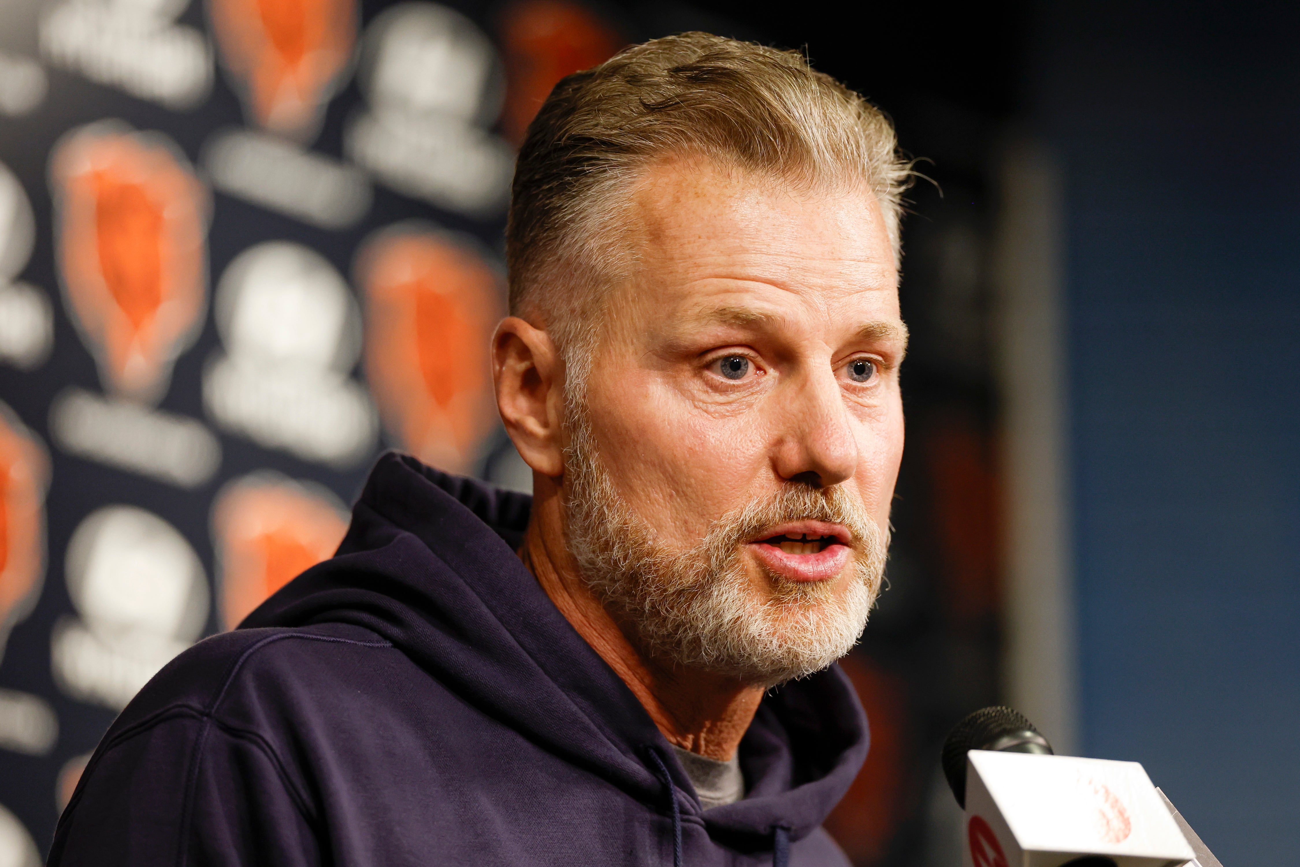 May 23, 2024; Lake Forest, IL, USA; Chicago Bears head coach Matt Eberflus speaks during organized team activities at Halas Hall.