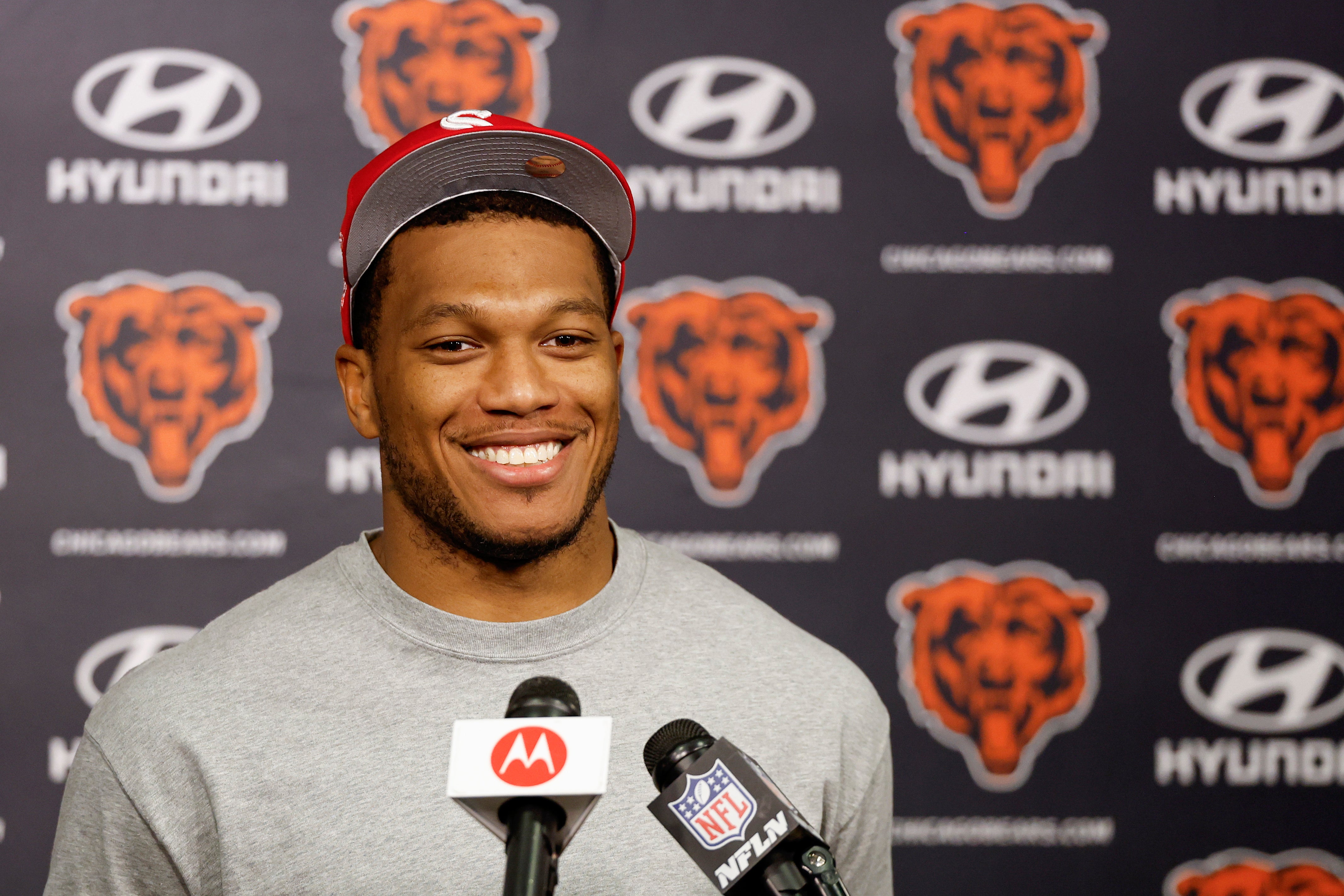 May 23, 2024; Lake Forest, IL, USA; Chicago Bears wide receiver DJ Moore (2) speaks during organized team activities at Halas Hall.