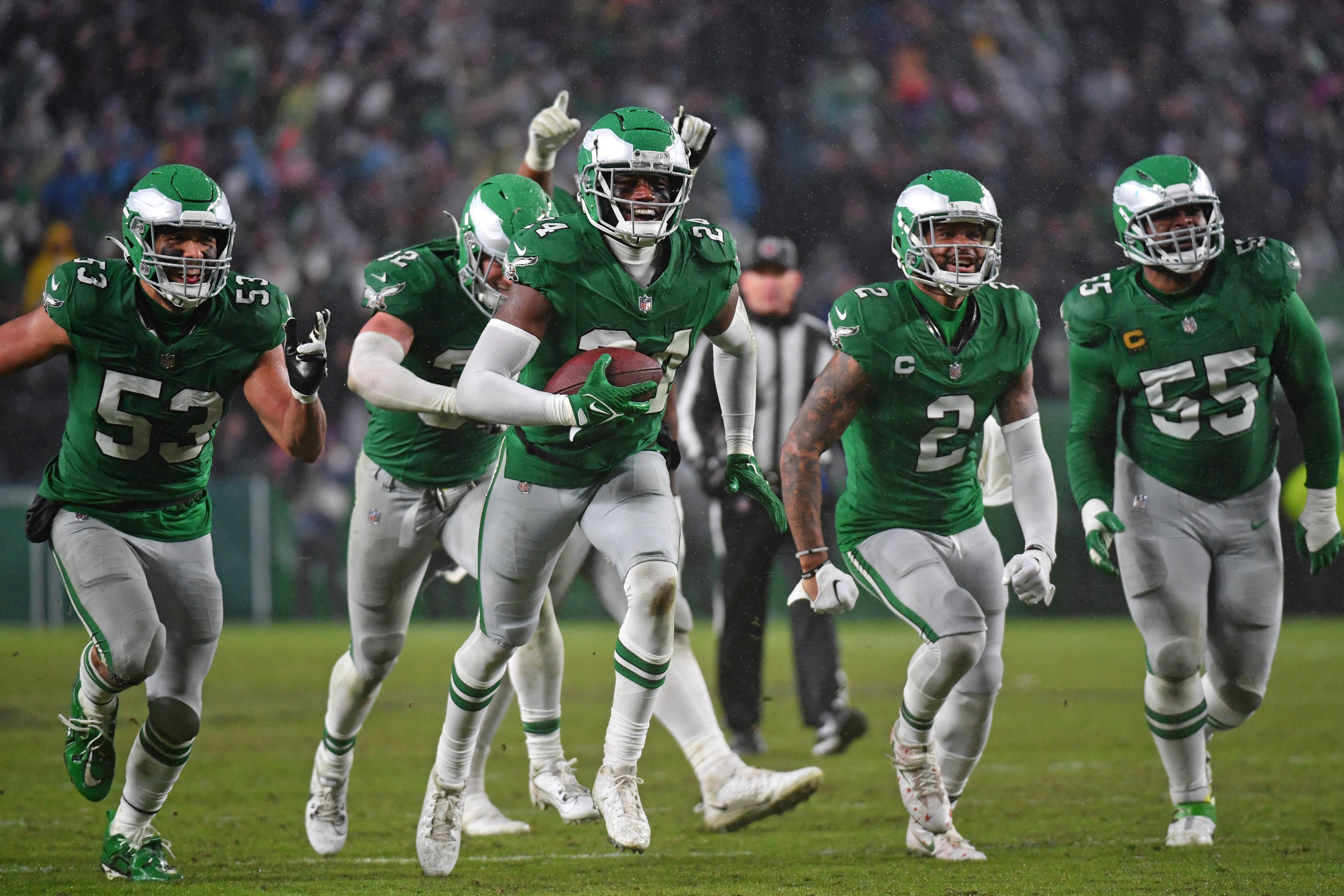 Philadelphia Eagles cornerback James Bradberry (24) celebrates his interception against the Buffalo Bills at Lincoln Financial Field.
