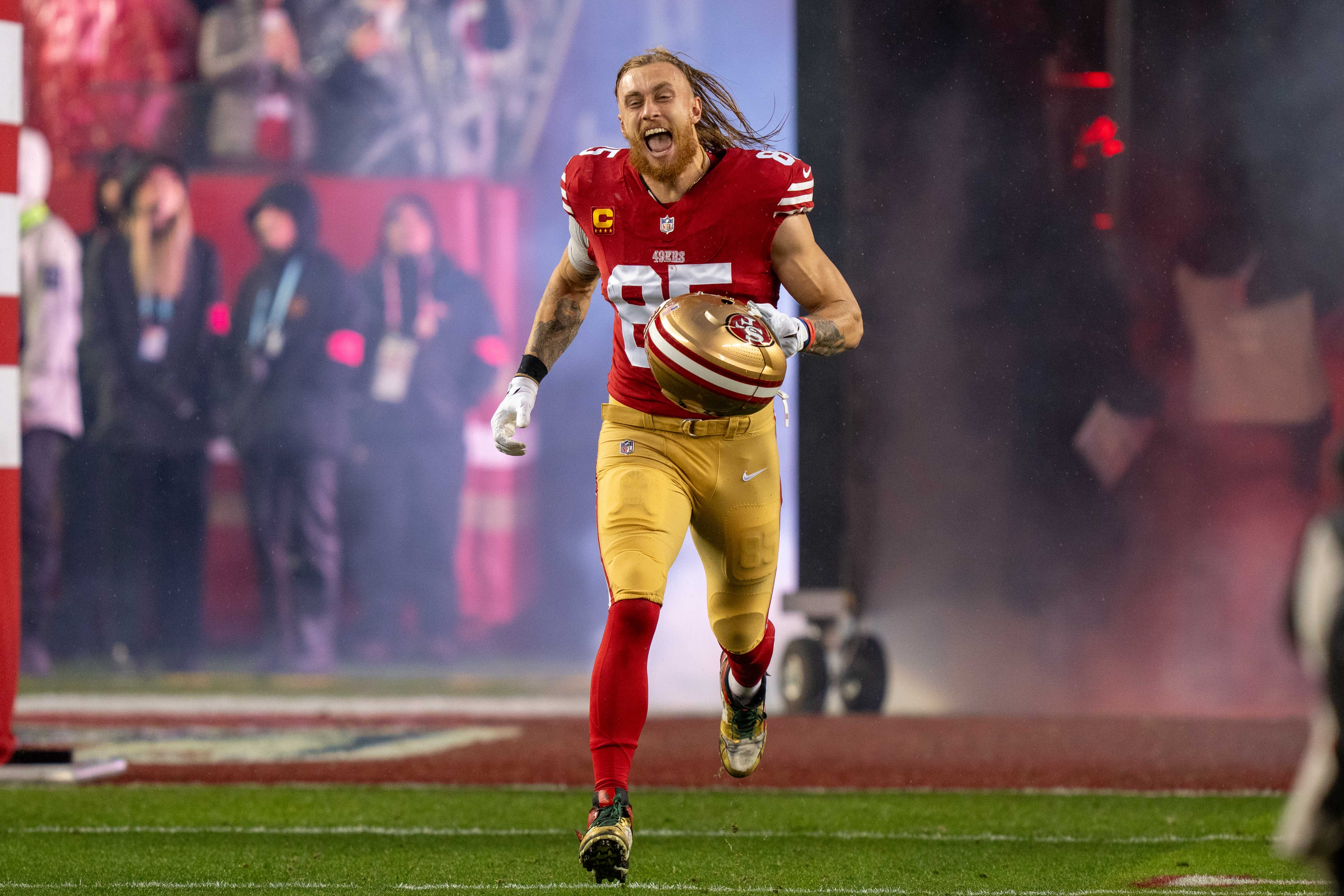 January 20, 2024; Santa Clara, CA, USA; San Francisco 49ers tight end George Kittle (85) before a 2024 NFC divisional round game against the San Francisco 49ers at Levi's Stadium.