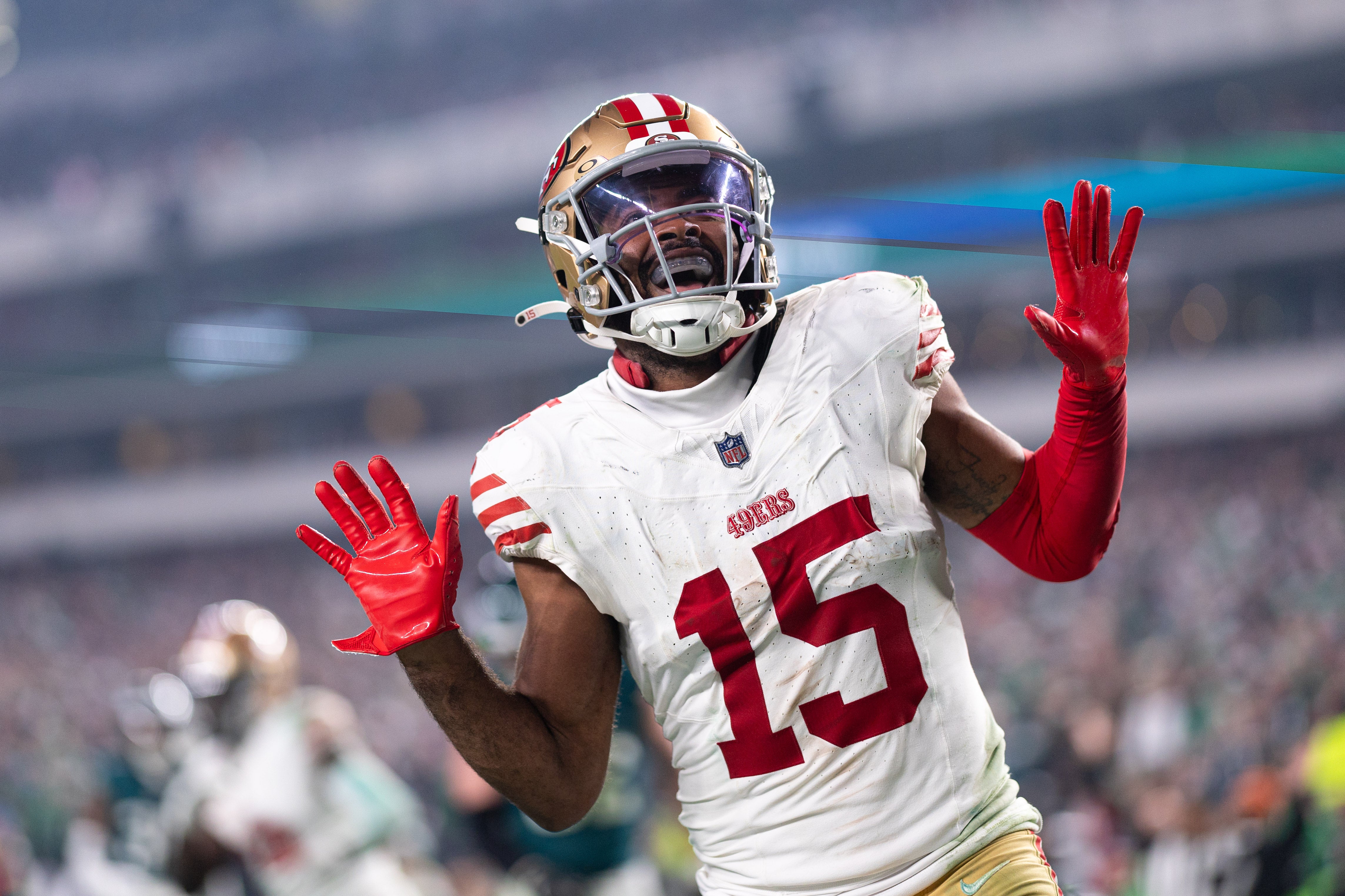 Dec 3, 2023; Philadelphia, Pennsylvania, USA; San Francisco 49ers wide receiver Jauan Jennings (15) reacts after scoring a touchdown against the Philadelphia Eagles during the fourth quarter at Lincoln Financial Field.