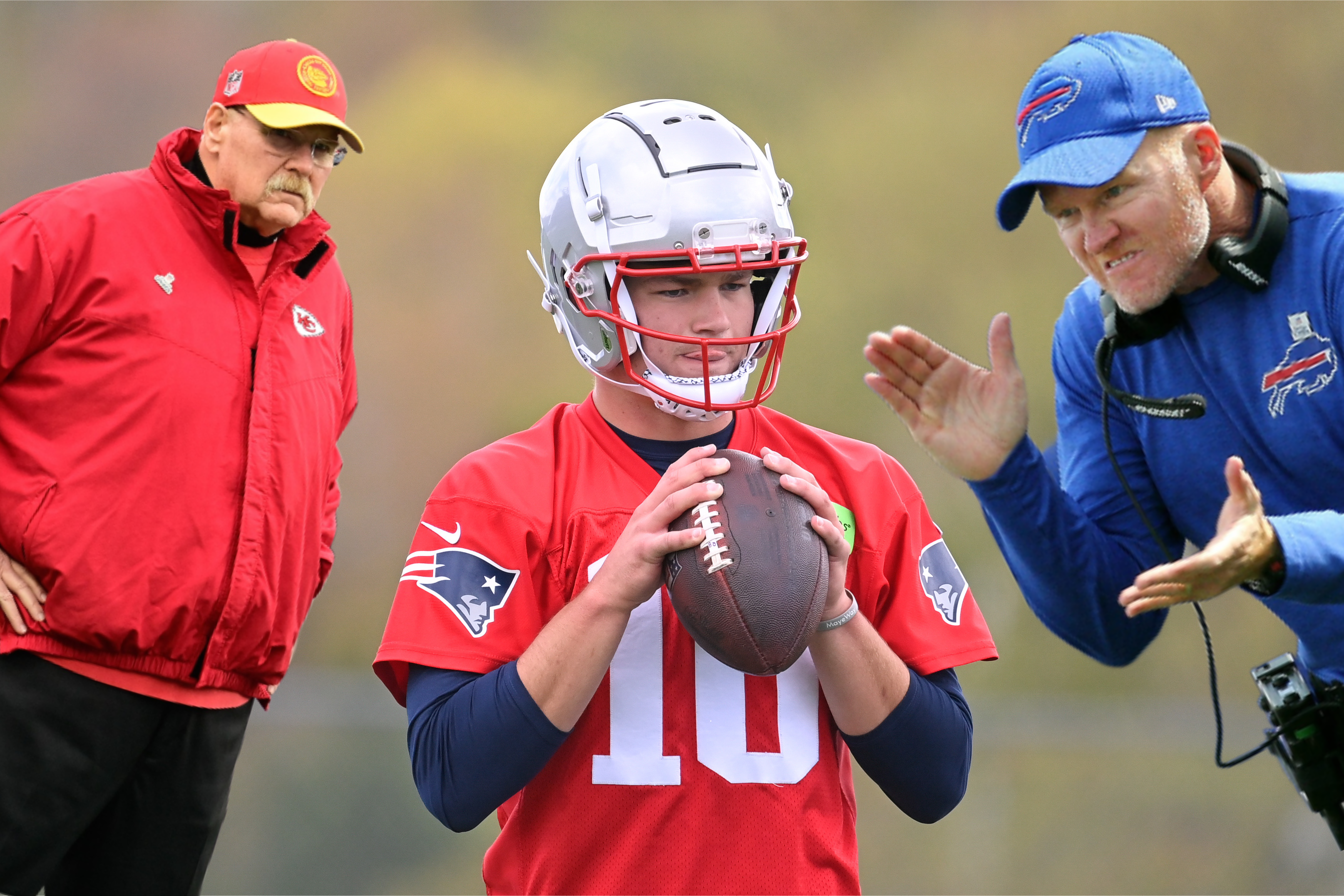 Drake Maye, Sean McDermott, and Andy Reid