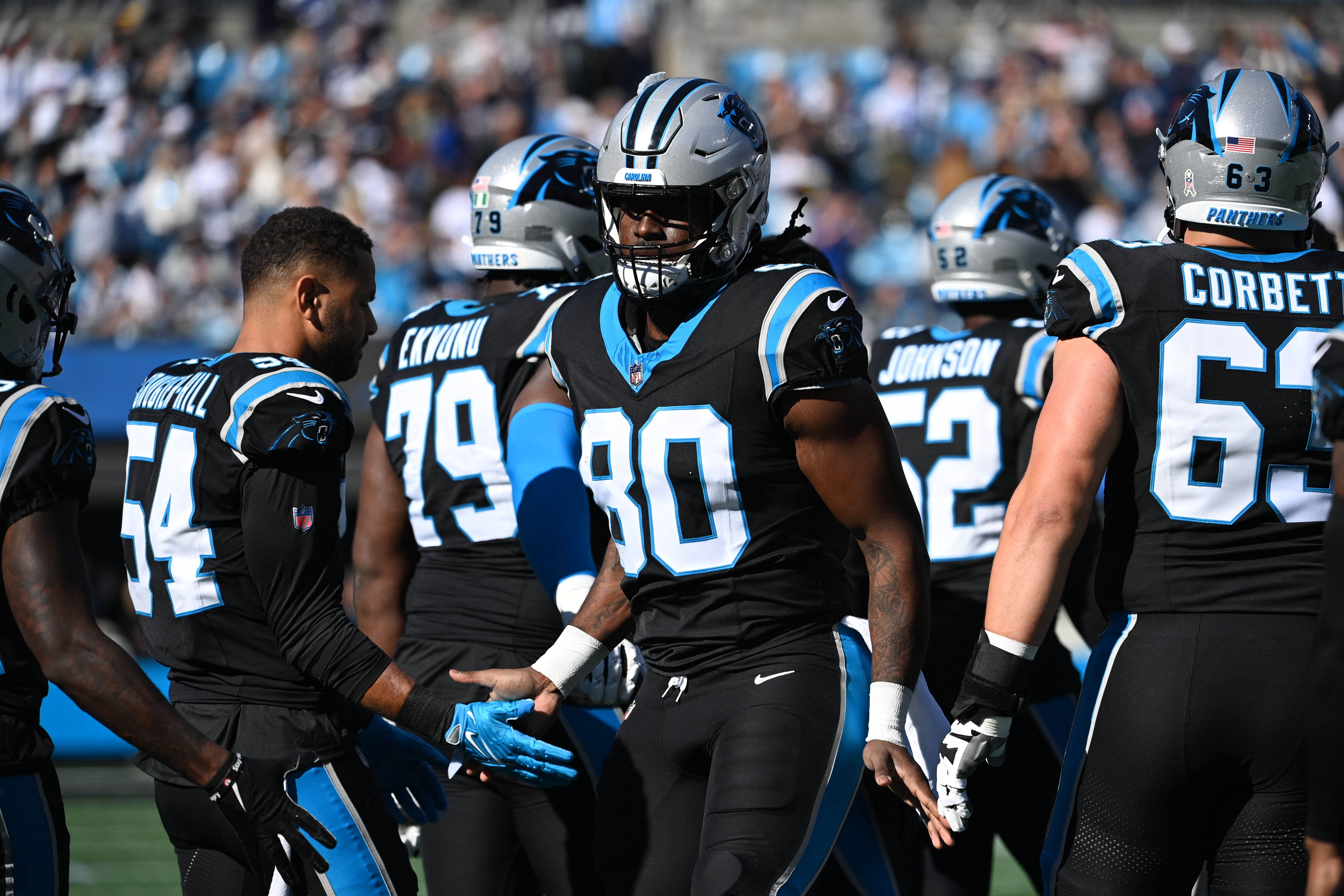 Nov 19, 2023; Charlotte, North Carolina, USA; Carolina Panthers tight end Ian Thomas (80) before the game at Bank of America Stadium. Mandatory Credit: Bob Donnan-USA TODAY Sports