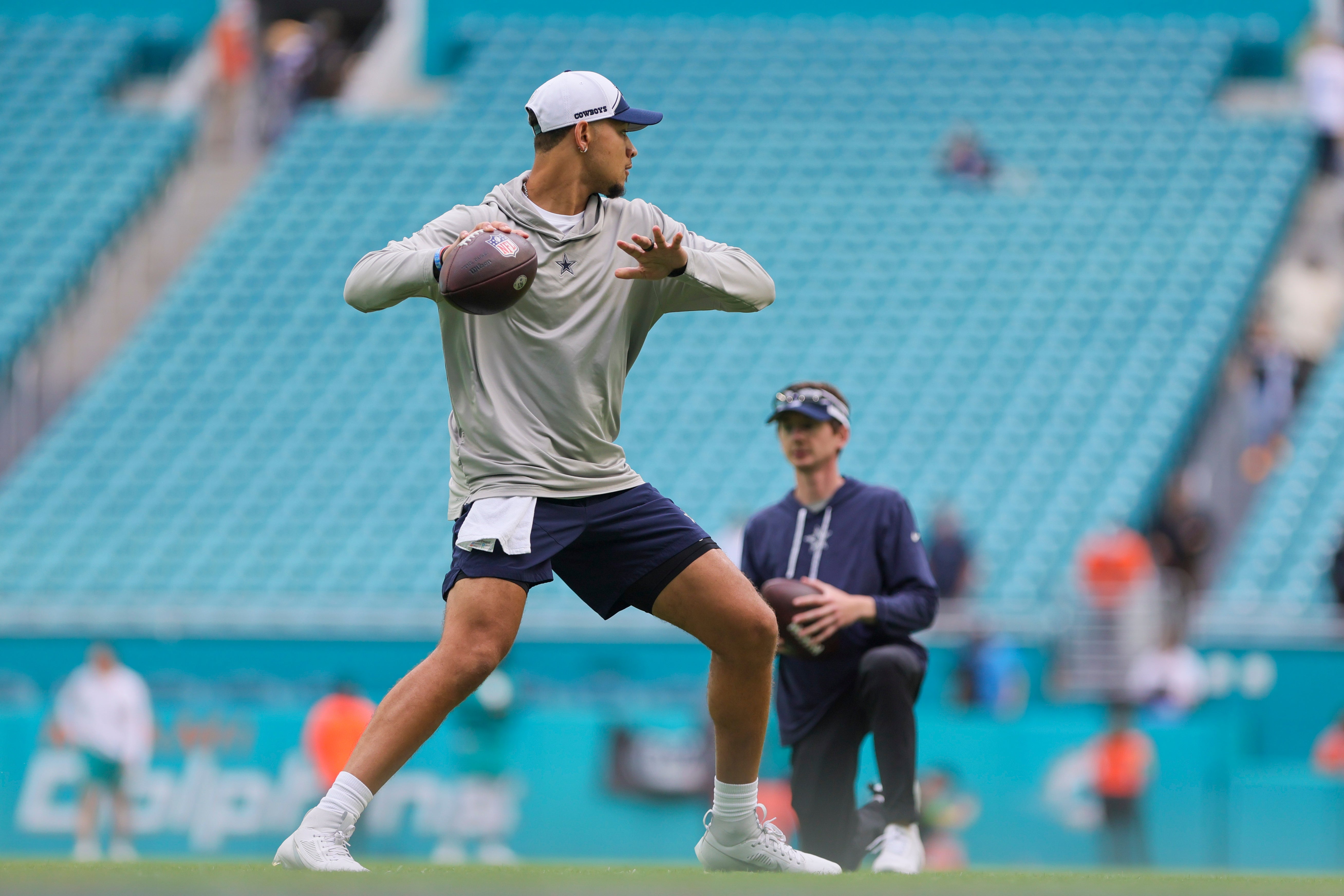 Dallas Cowboys quarterback Trey Lance (15) throws the football prior to the game against the Miami Dolphins at Hard Rock Stadium.