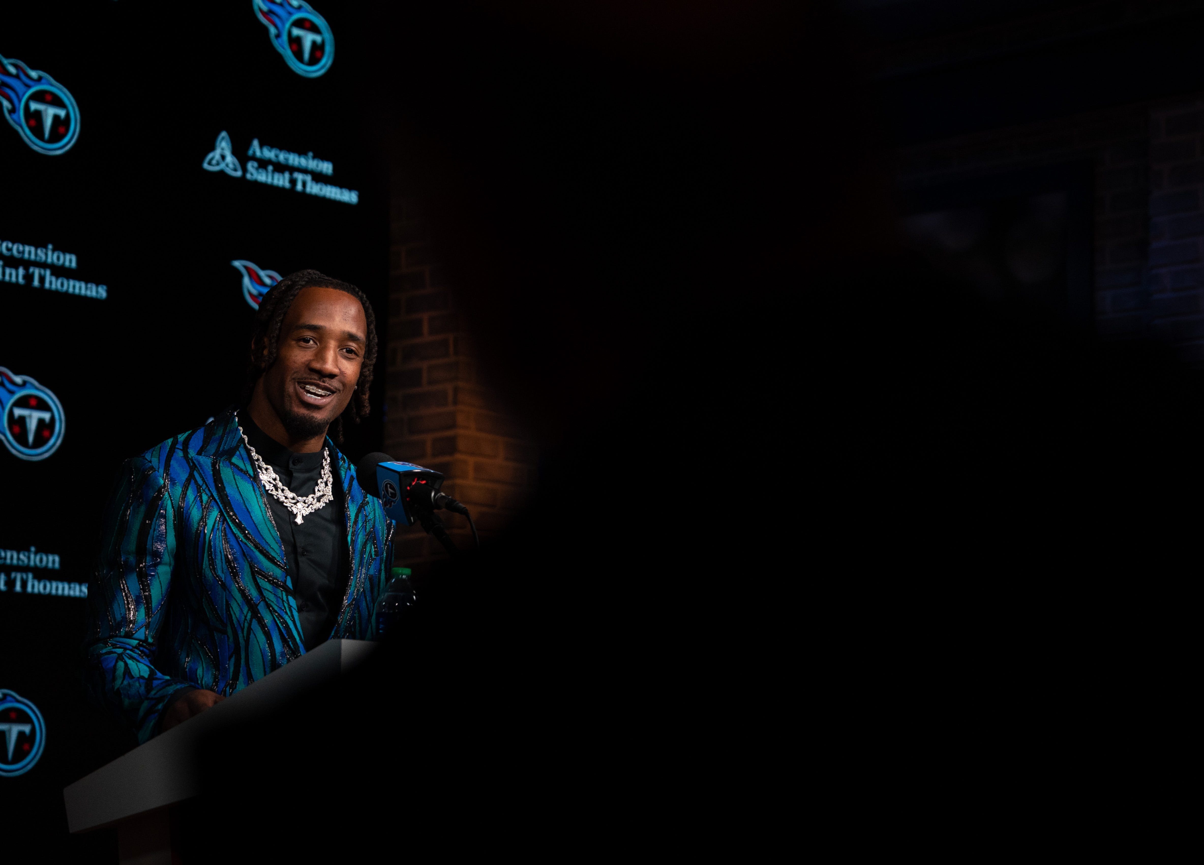 Newly acquired cornerback for the Tennessee Titans L'Jarius Sneed fields questions at his press conference at Ascension Saint Thomas Sports Park Tuesday morning, April 2, 2