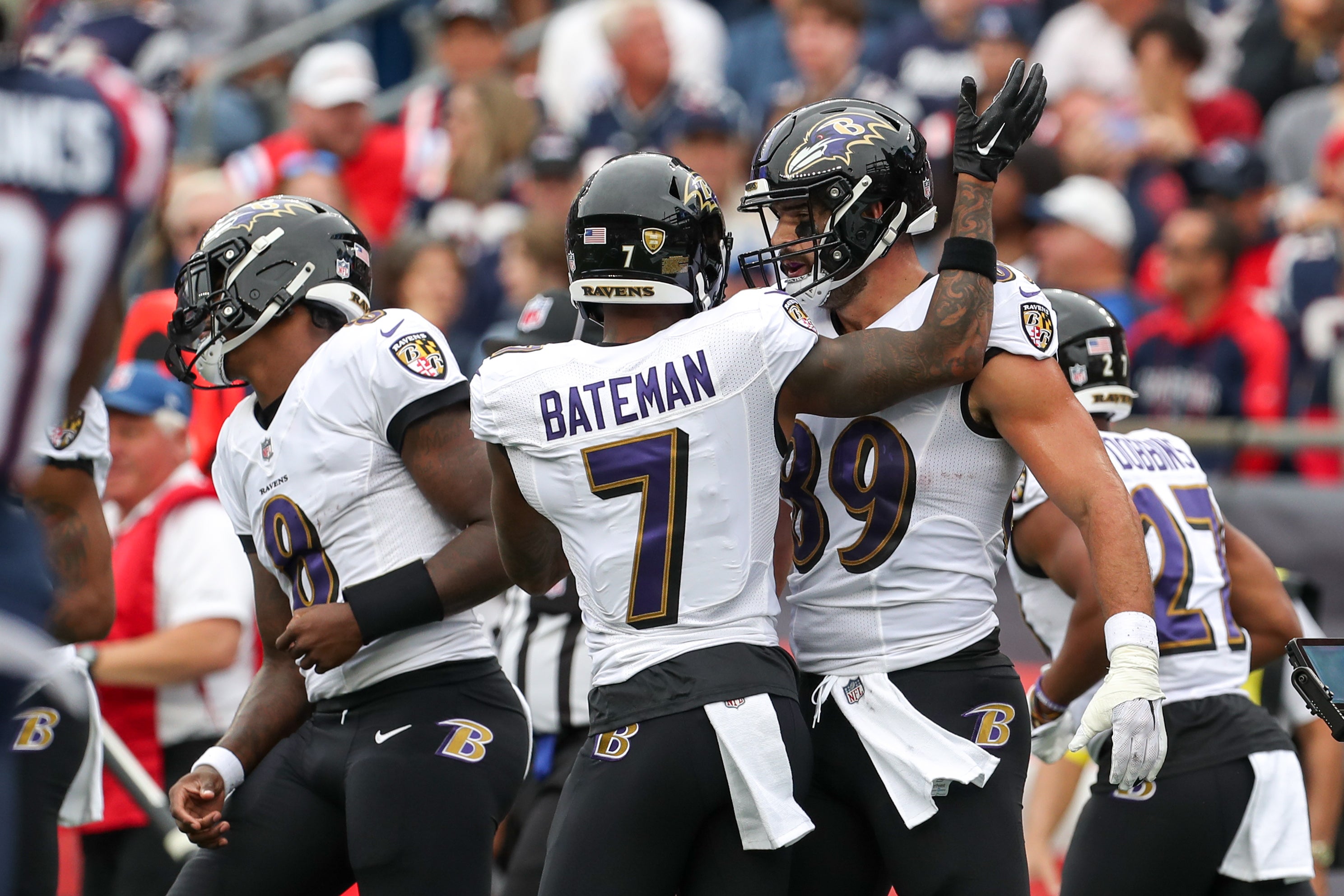Sep 25, 2022; Foxborough, Massachusetts, USA; Baltimore Ravens tight end Mark Andrews (89) celebrates with Baltimore Ravens receiver Rashod Bateman (7) after scoring a touchdown during the first half Baltimore Ravens at Gillette Stadium. Mandatory Credit: Paul Rutherford-USA TODAY Sports