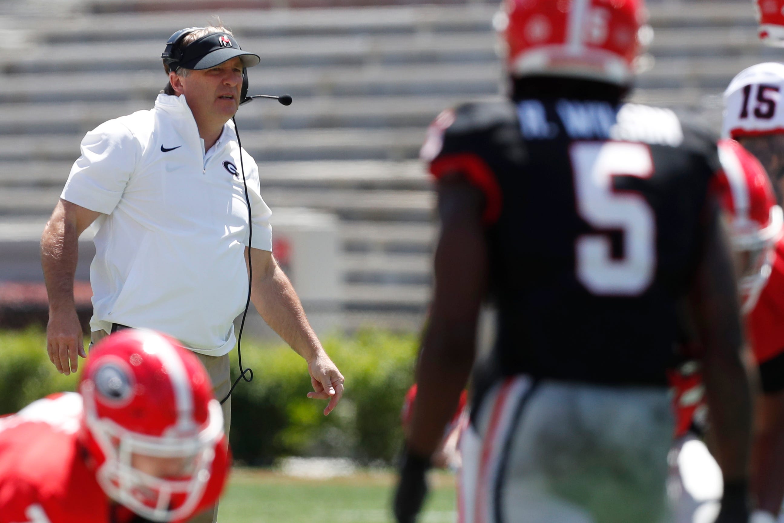 Georgia coach Kirby Smart looks on during the G-Day spring football game in Athens, Ga., on Saturday, April 13, 2024.