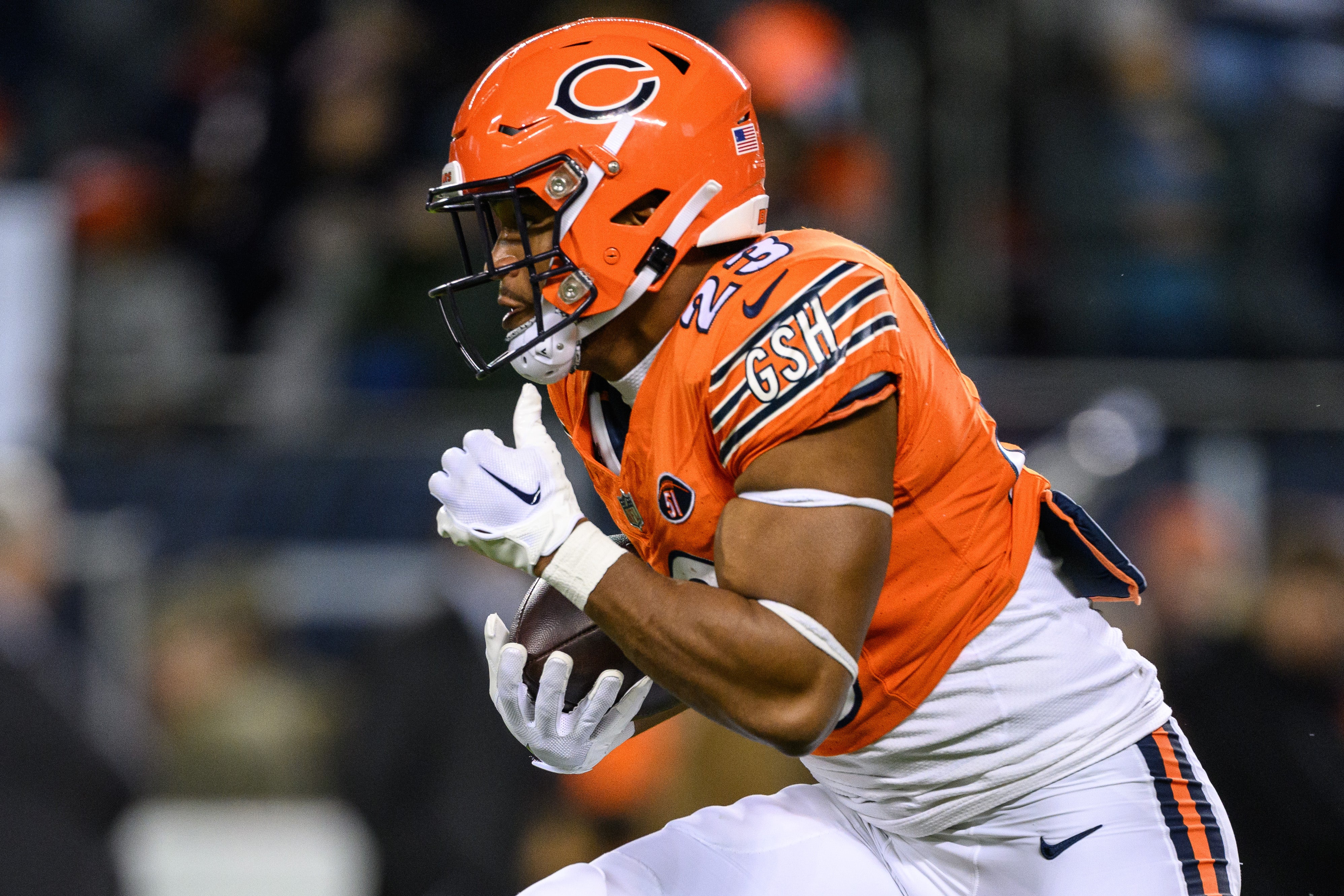 Nov 9, 2023; Chicago, Illinois, USA; Chicago Bears running back Roschon Johnson (23) warms up before a game against the Carolina Panthers at Soldier Field.