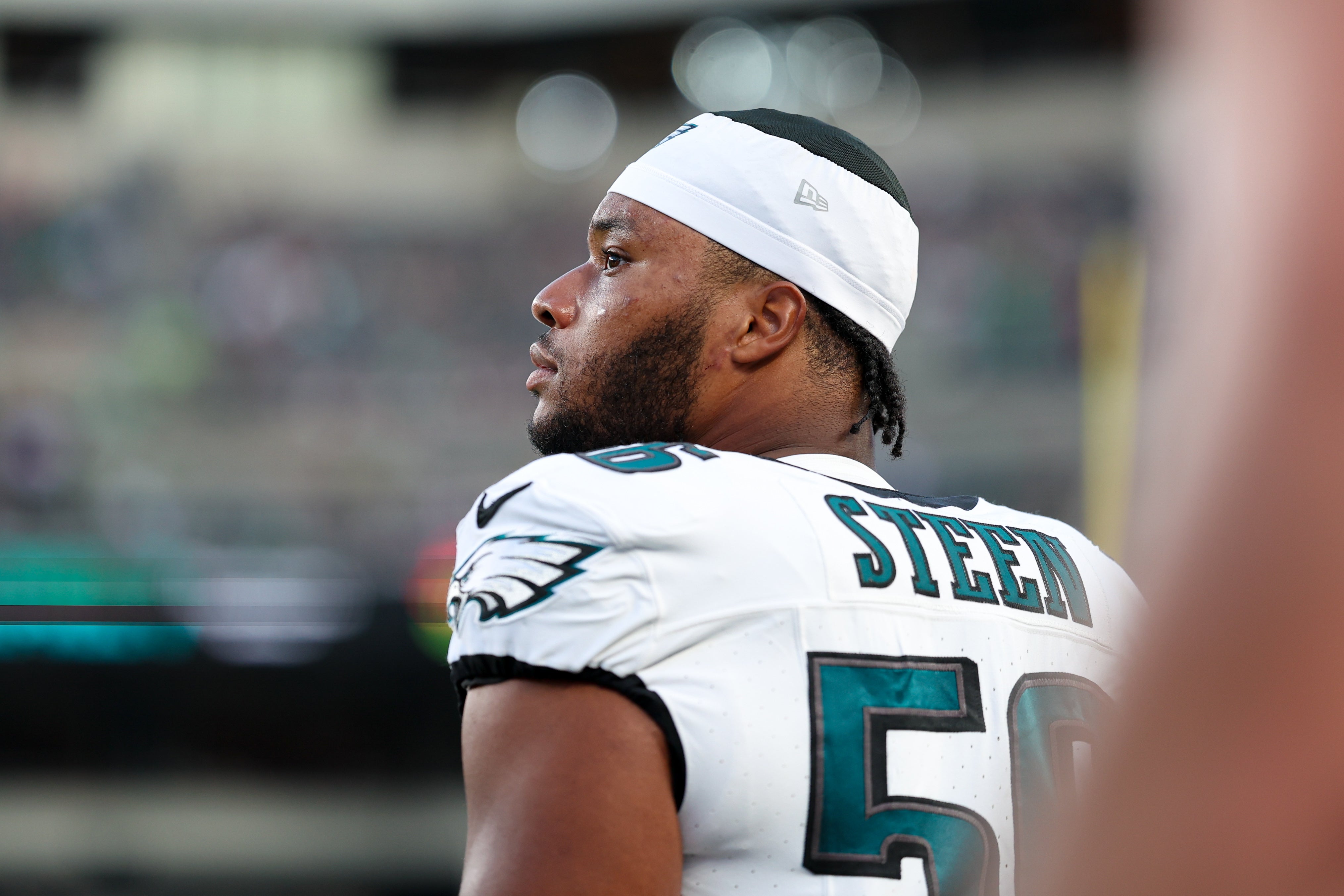 Philadelphia Eagles guard Tyler Steen (56) looks on in a game against the Cleveland Browns at Lincoln Financial Field.