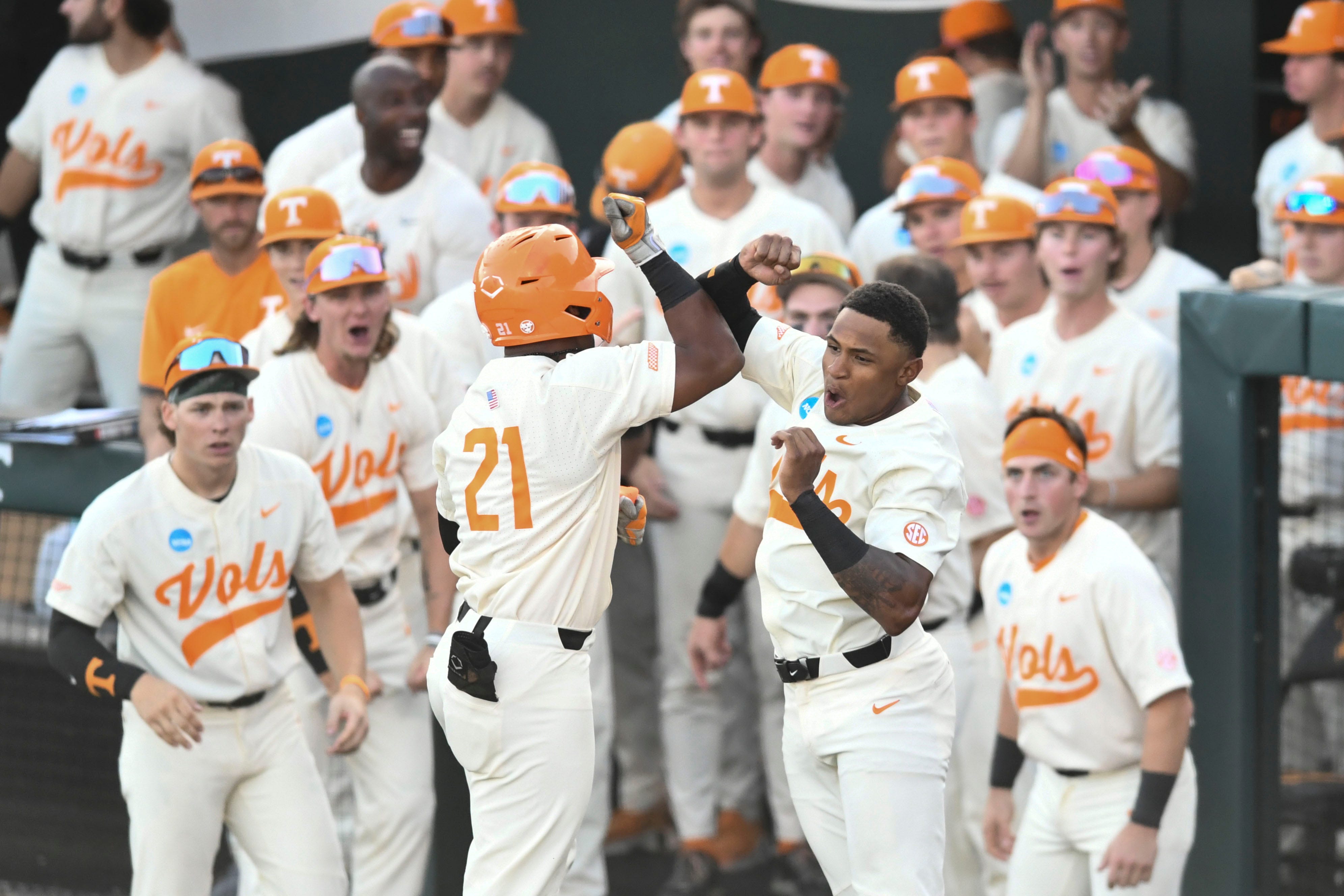 Tennessee's Christian Moore (1) and Kavares Tears (21) celebrate Tears' home run against Southern Miss in the NCAA Baseball Tournament's Knoxville Regional on Sunday, June 2, 2024 in Knoxville, Tenn.