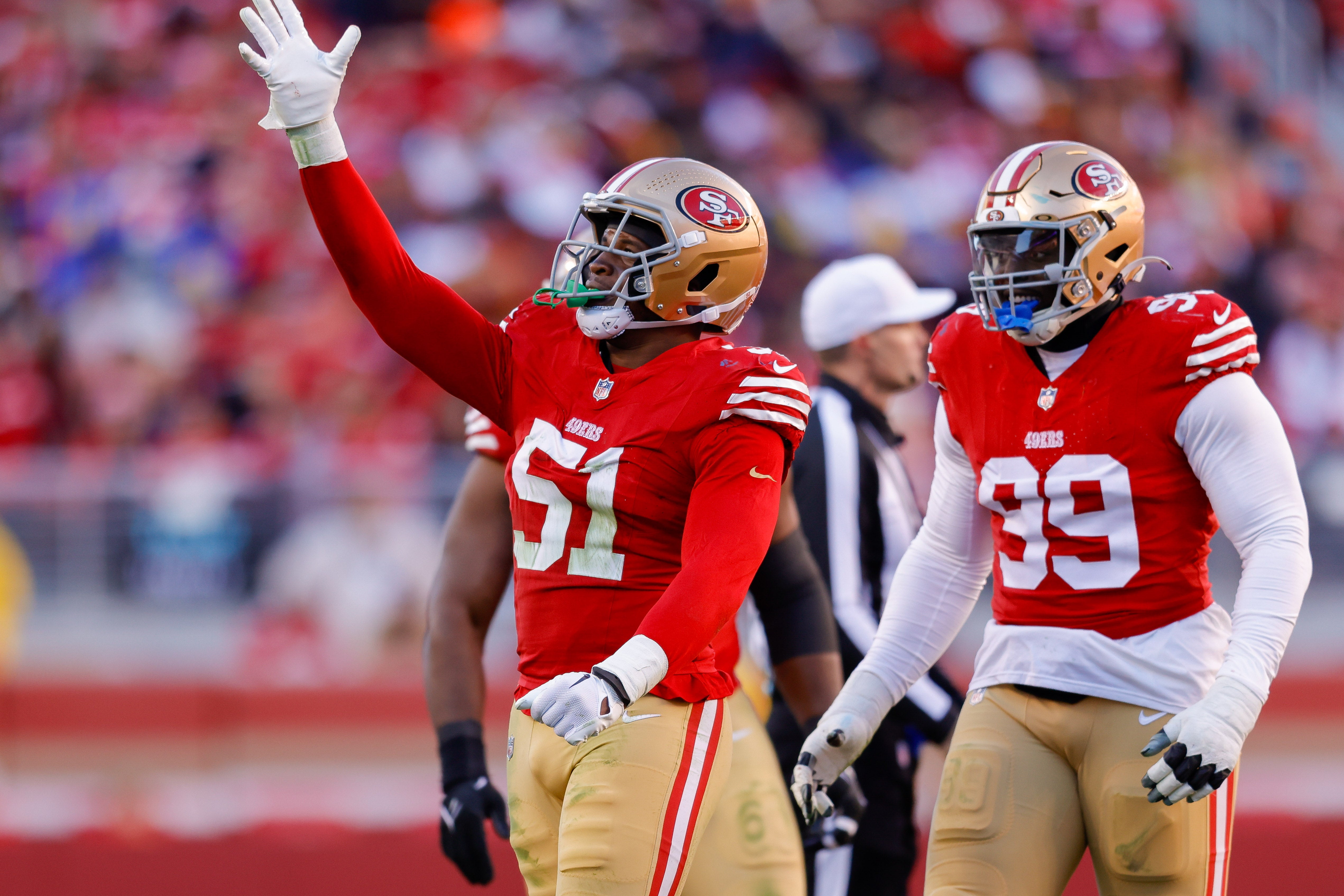 Jan 7, 2024; Santa Clara, California, USA; San Francisco 49ers defensive end Robert Beal Jr. (51) celebrates after a tackle against the Los Angeles Rams during the third quarter at Levi's Stadium.