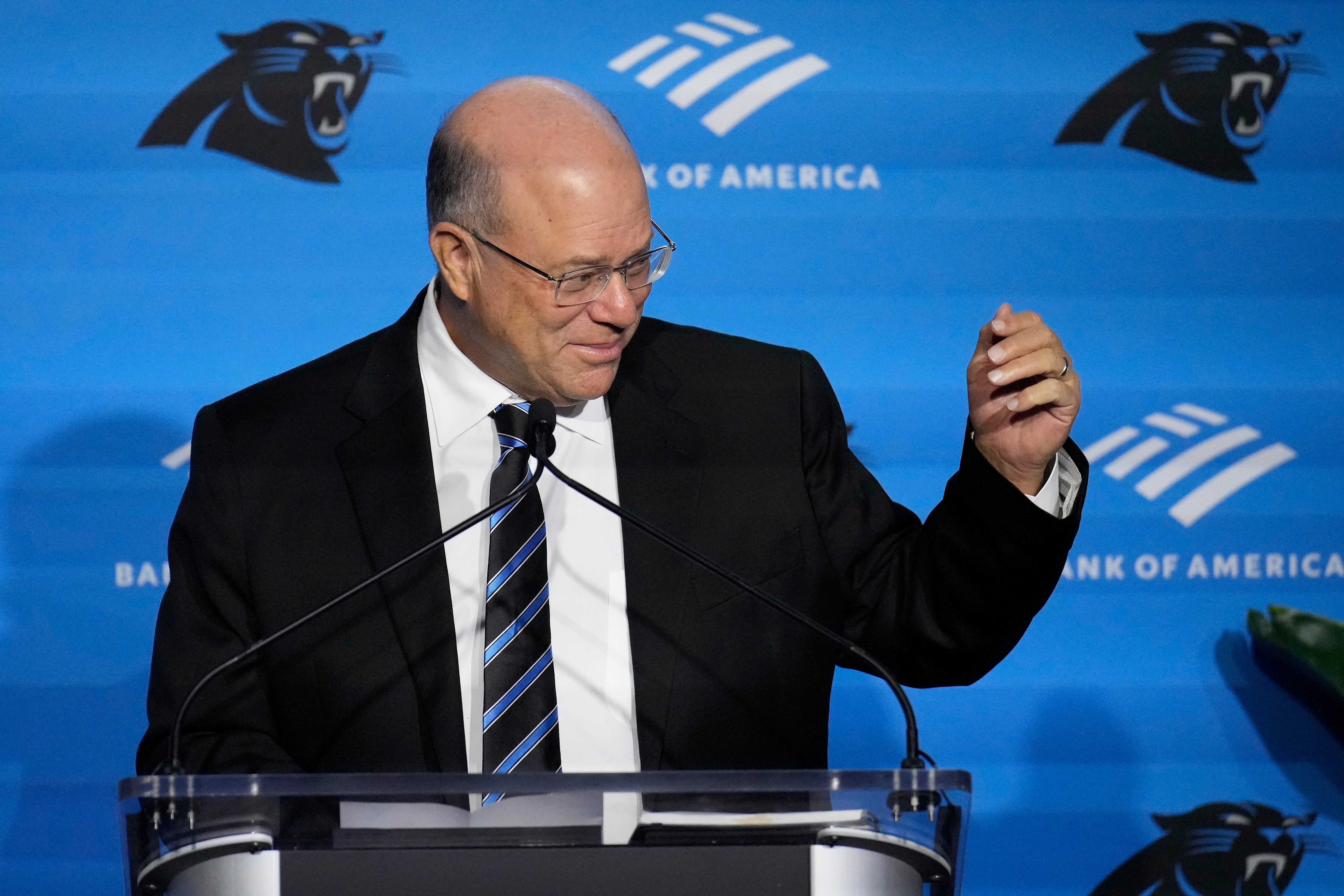 Feb 1, 2024; Charlotte, NC, USA; Carolina Panthers team owner Dave Tepper speaks during the introductory press conference for new general manager Dan Morgan and head coach Dave Canales at Bank of America Stadium. Mandatory Credit: Jim Dedmon-USA TODAY Sports