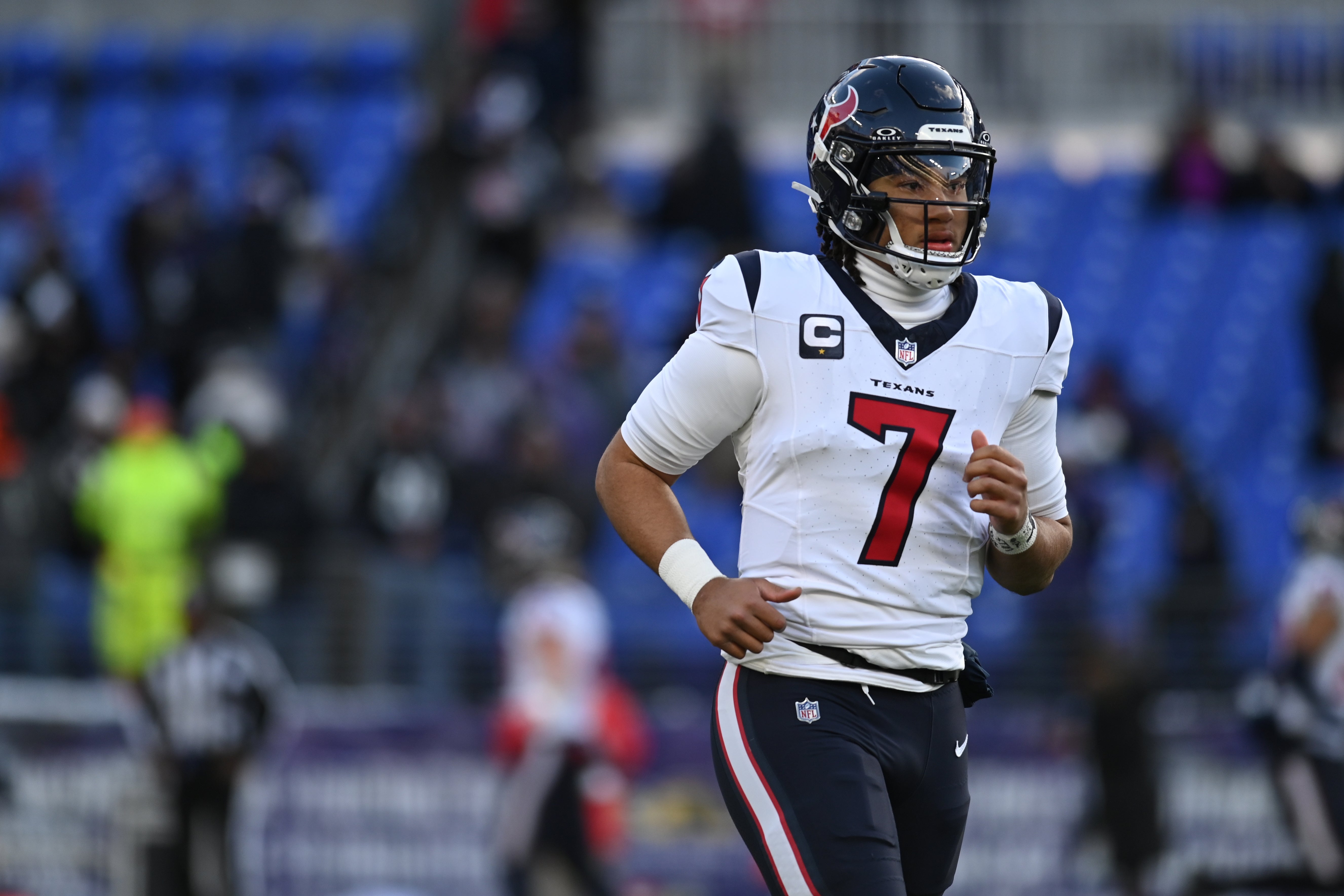 Jan 20, 2024; Baltimore, MD, USA; Houston Texans quarterback C.J. Stroud (7) warms up before a 2024 AFC divisional round game against the Baltimore Ravens at M&T Bank Stadium. Mandatory Credit: Tommy Gilligan-USA TODAY Sports