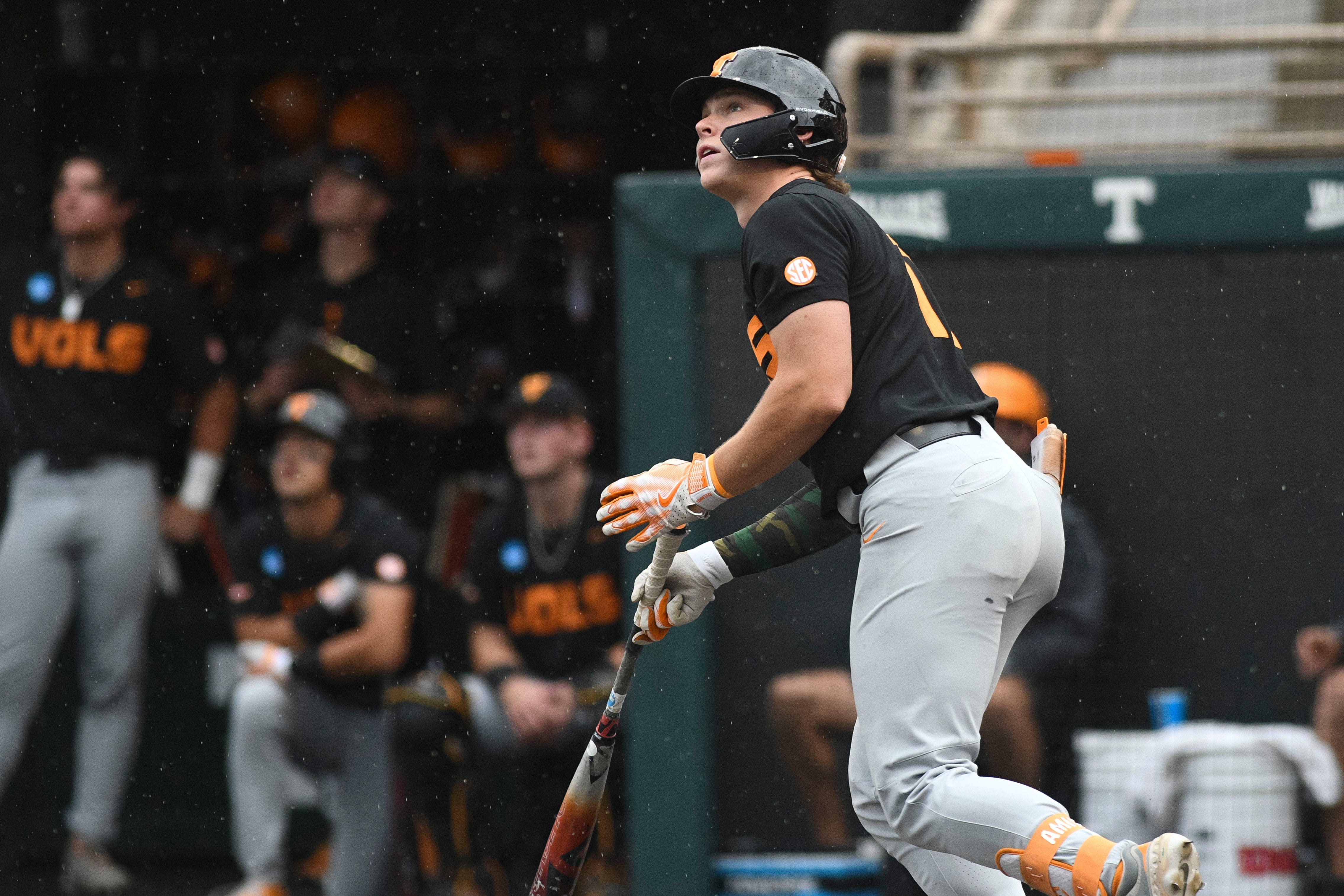 Tennessee's Billy Amick (11) watches the ball after hitting a home run during a NCAA Baseball Tournament Knoxville Regional game at Lindsey Nelson Stadium on Saturday, June 1, 2024 in Knoxville, Tenn.