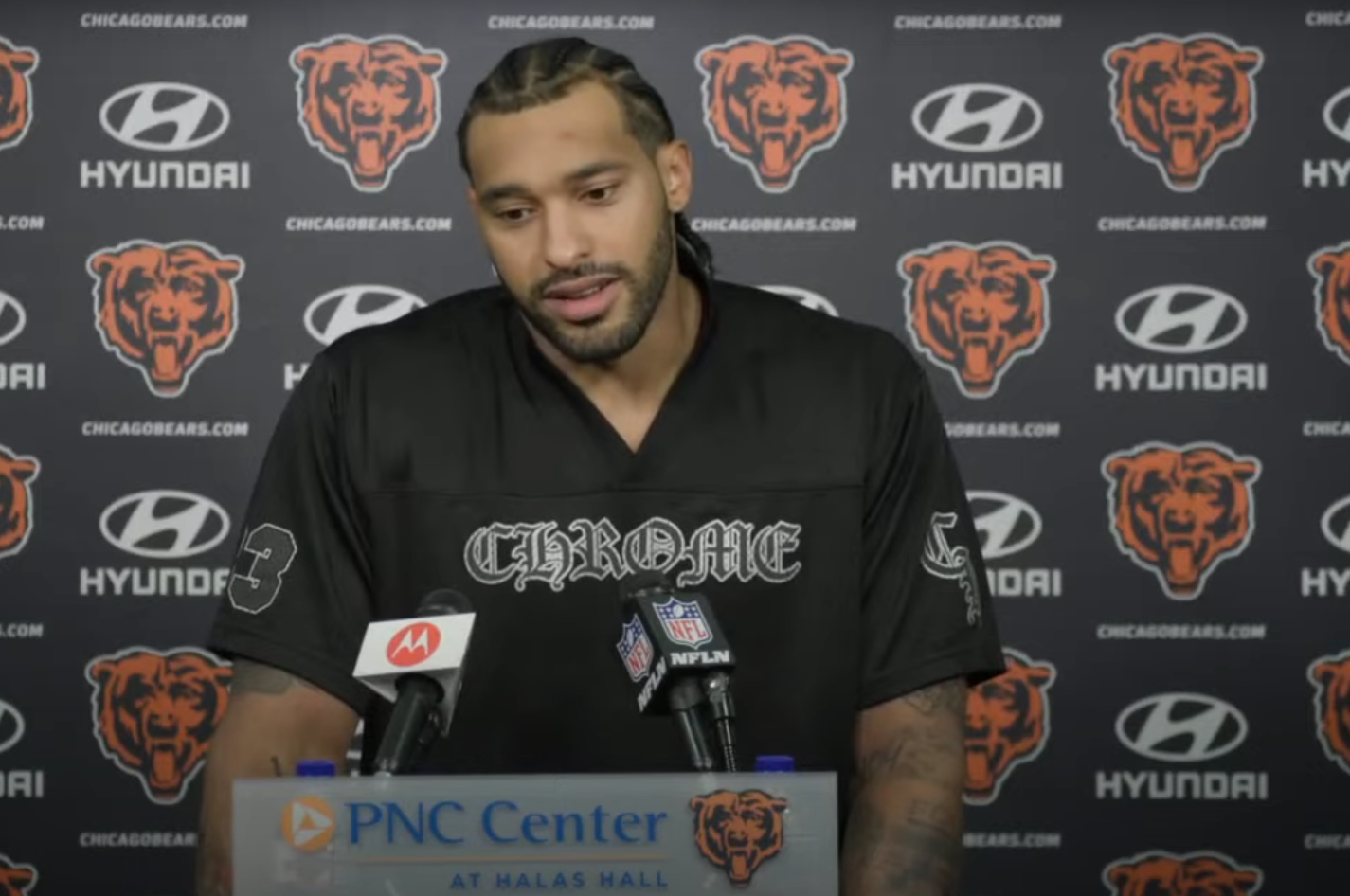 Montez Sweat addresses the media following Tuesday's practice at Halas Hall.