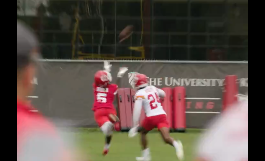 Chiefs WR Hollywood Brown catches a pass over CB Kelvin Joseph.