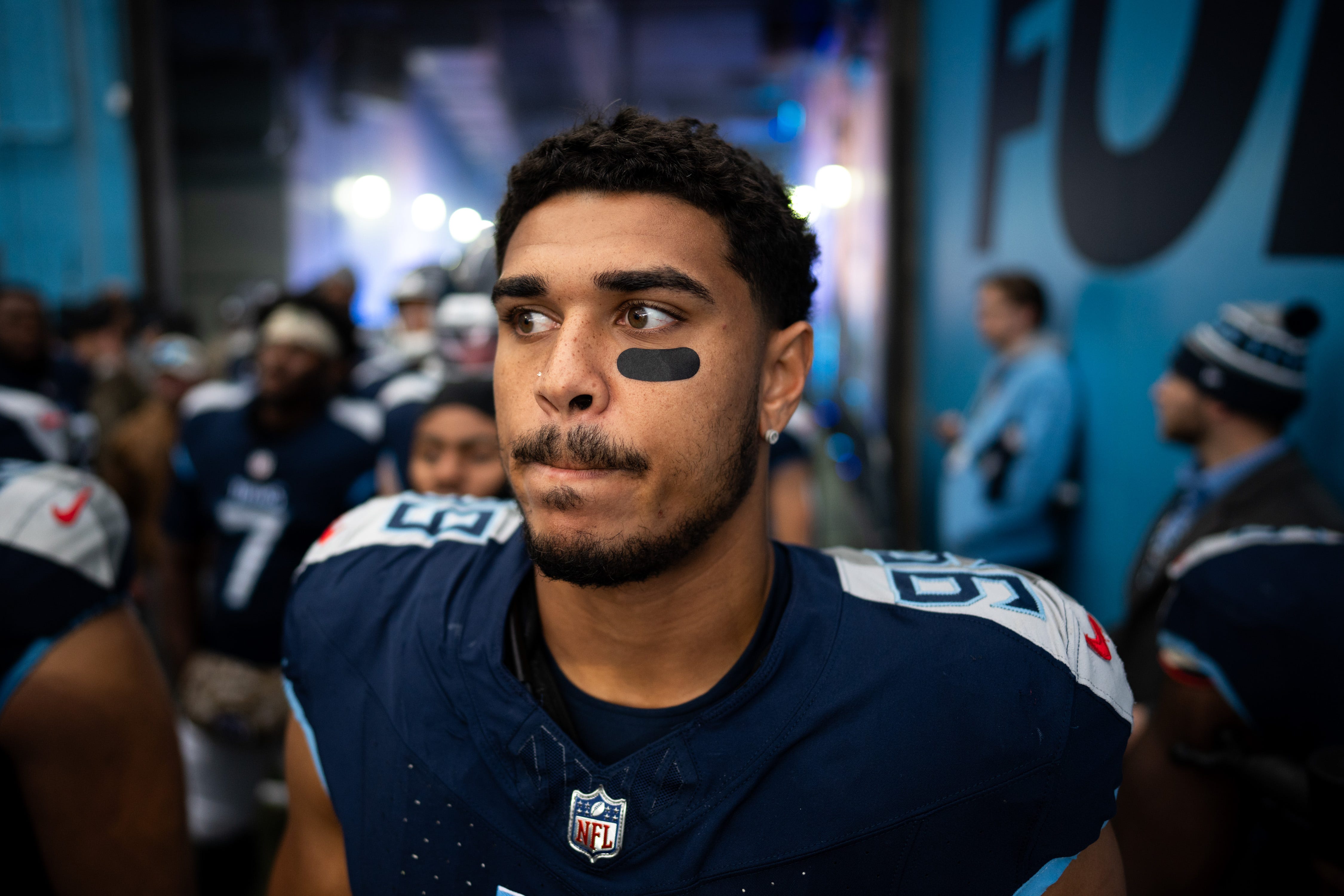 Tennessee Titans linebacker Rashad Weaver (99) prepares to head to the field before a game against the Carolina Panthers at Nissan Stadium in Nashville, Tenn., Sunday, Nov. 26, 2023.