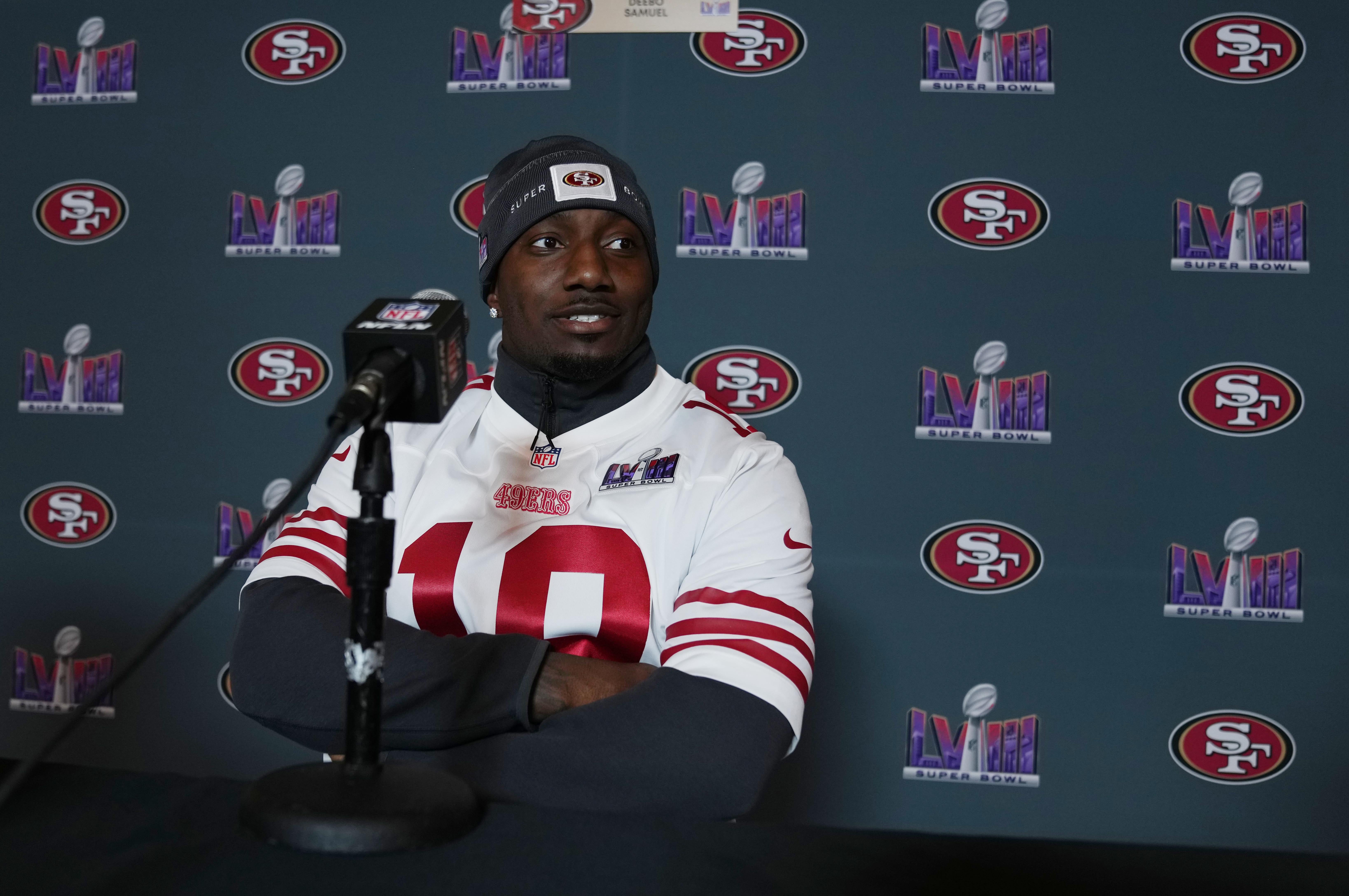 Feb 8, 2024; Las Vegas, NV, USA; San Francisco 49ers wide receiver Deebo Samuel (19) during a press conference before Super Bowl LVIII at Hilton Lake Las Vegas Resort and Spa.