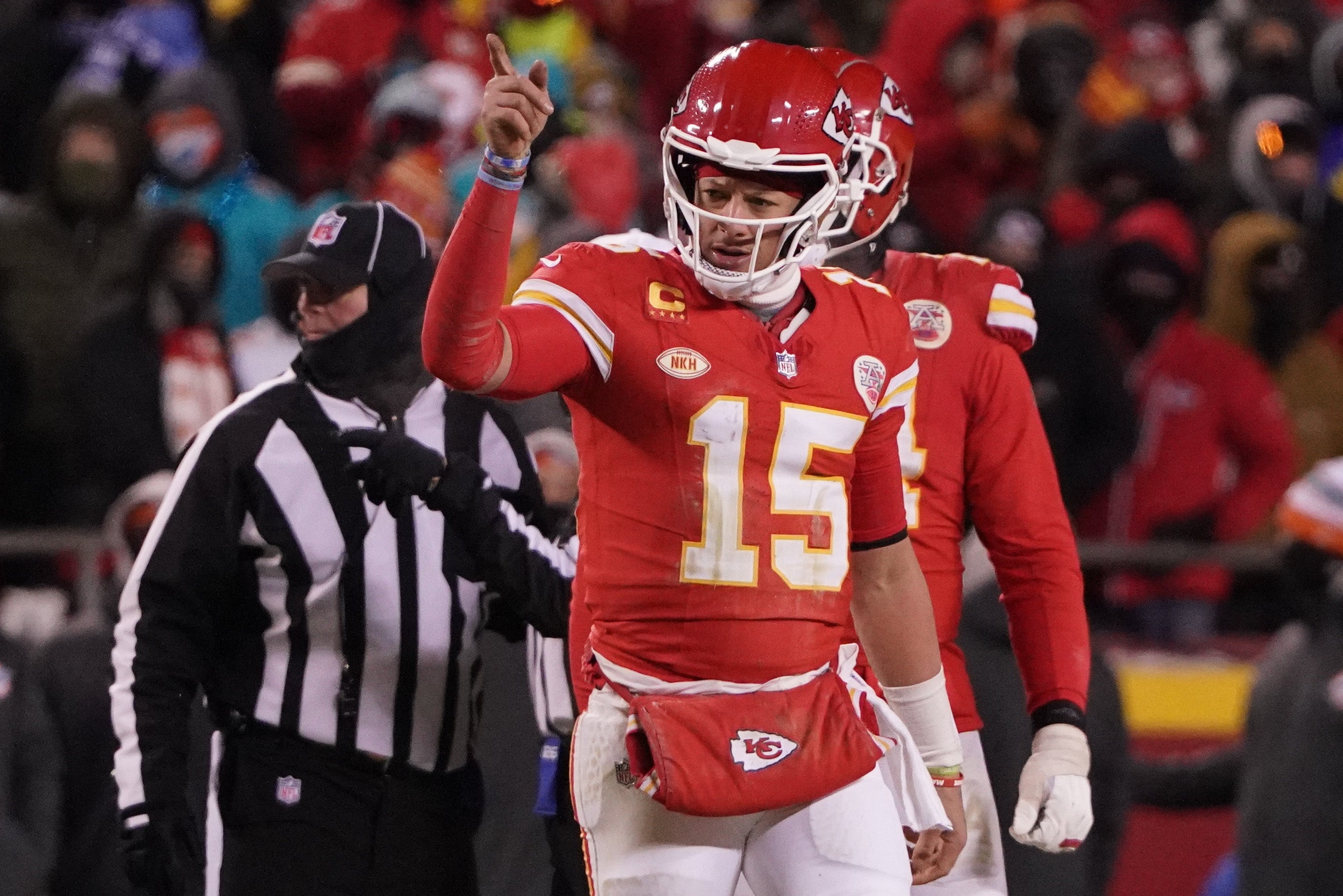 Jan 13, 2024; Kansas City, Missouri, USA; Kansas City Chiefs quarterback Patrick Mahomes (15) reacts during the second half of the 2024 AFC wild card game at GEHA Field at Arrowhead Stadium.