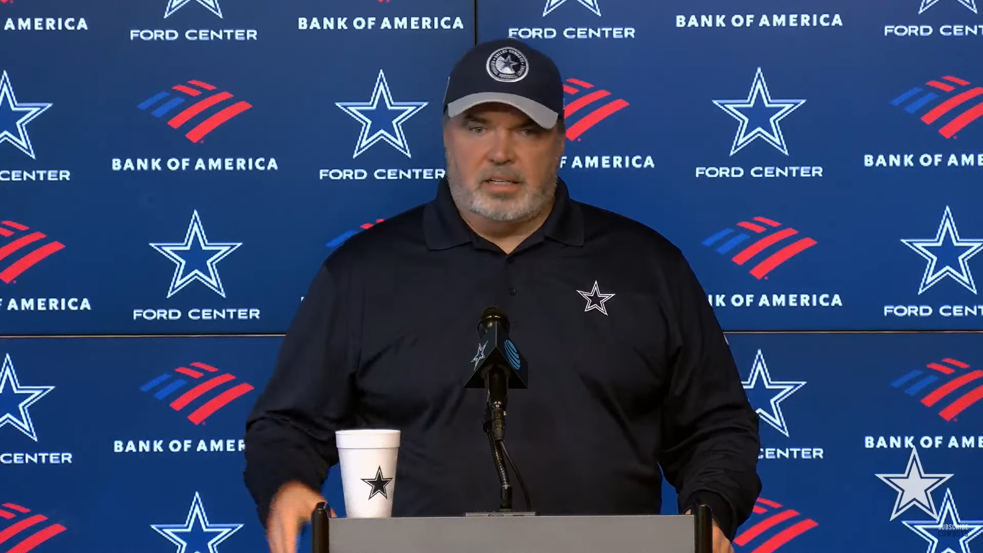 Dallas Cowboys' Mike McCarthy talks to reporters prior to final practice of mandatory minicamp.