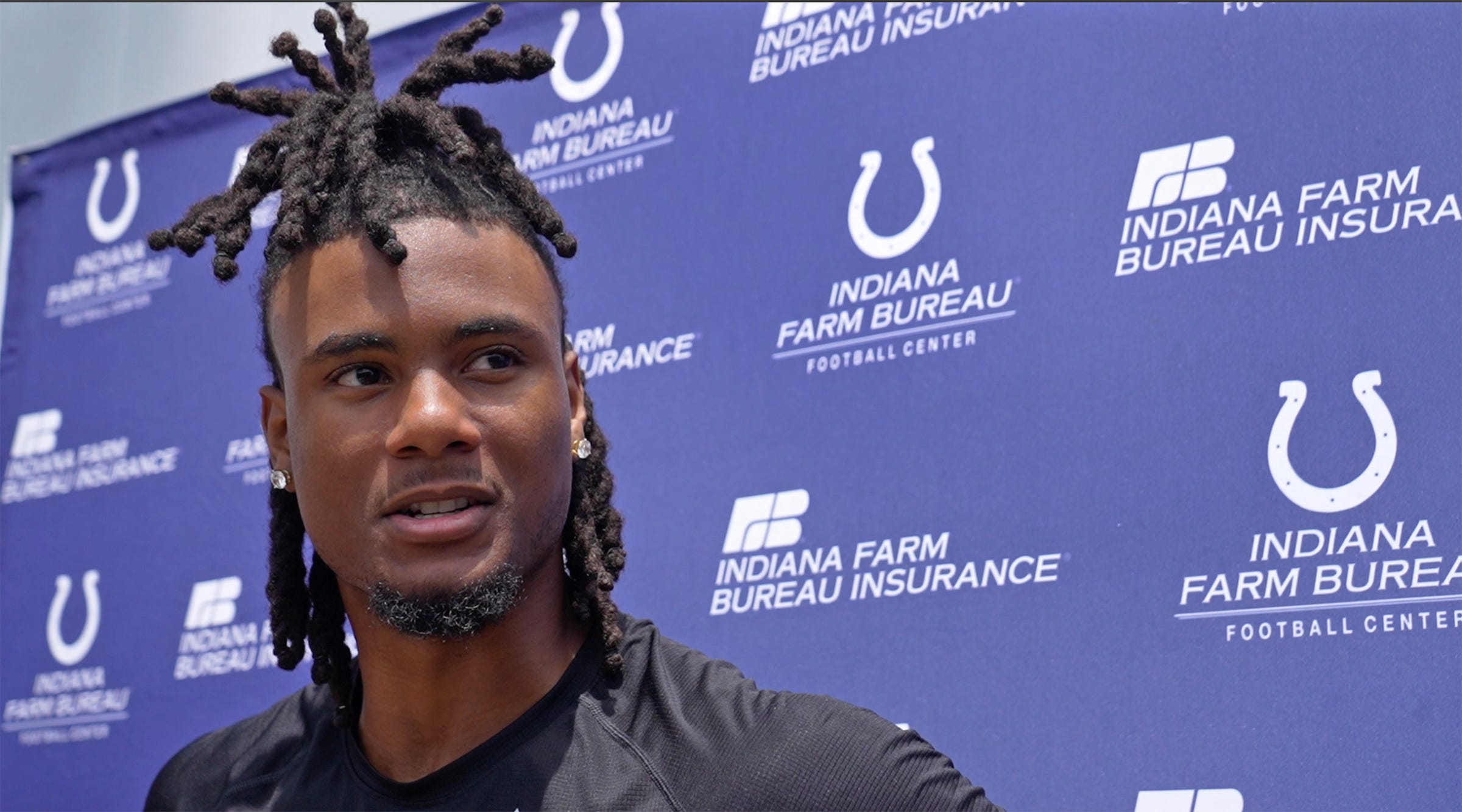 Colts Wide Reciever Adonai Mitchell takes interviews during Indianapolis Colts minicamp practice Tuesday, June 4, 2024 at the Indiana Farm Bureau Football Center.