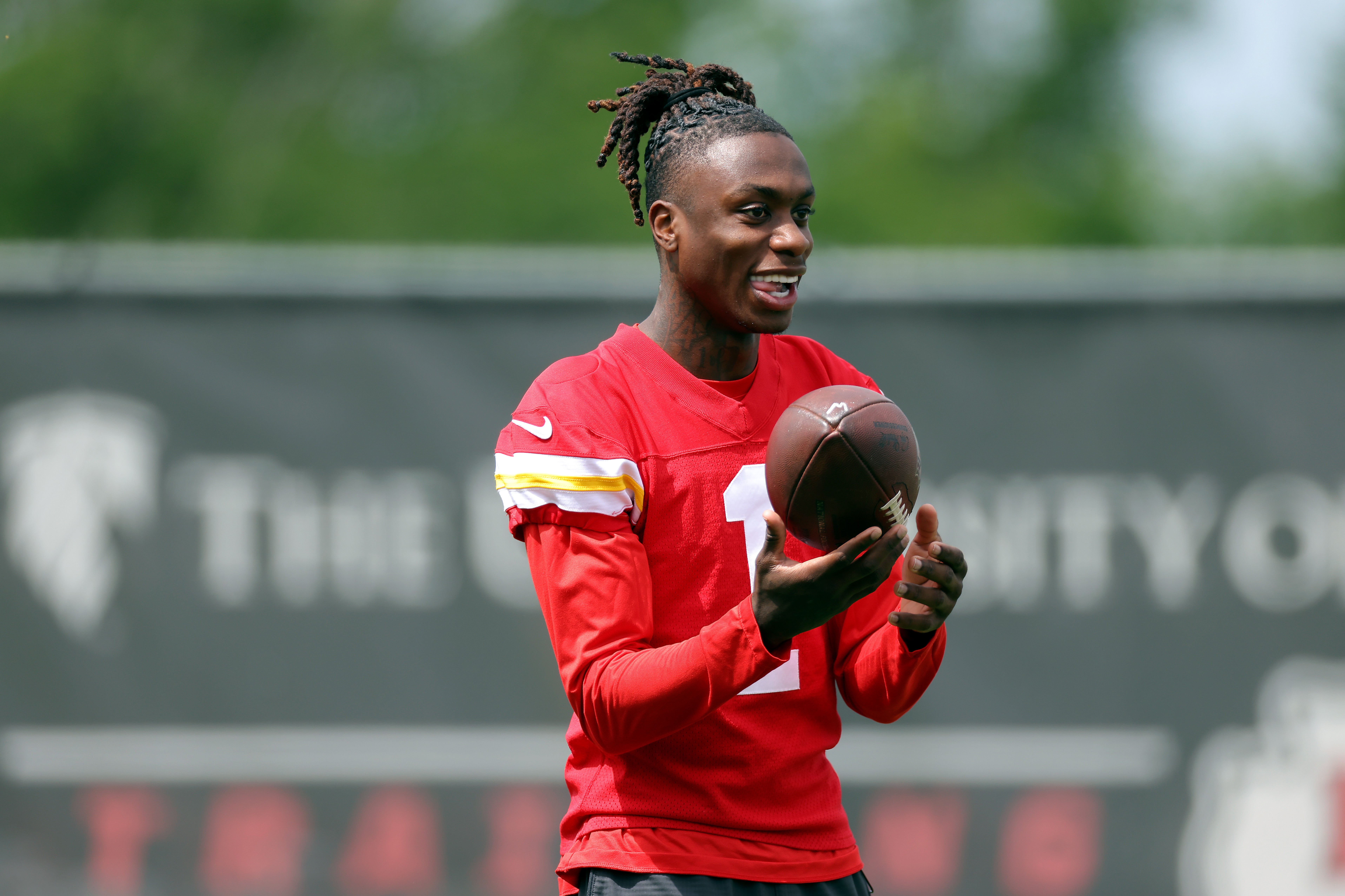 KANSAS CITY, MISSOURI - MAY 22: Wide receiver Xavier Worthy #1 of the Kansas City Chiefs participates in OTA Offseason workouts at The University of Kansas Health System Training Complex on May 22, 2024 in Kansas City, Missouri.