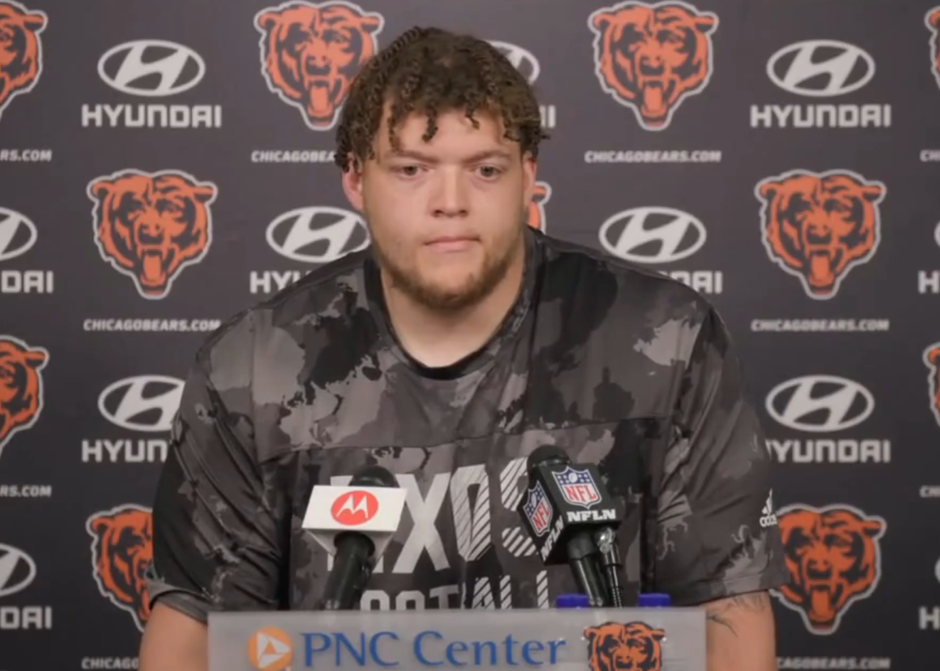 Teven Jenkins addresses the media following Wednesday's practice at Halas Hall.